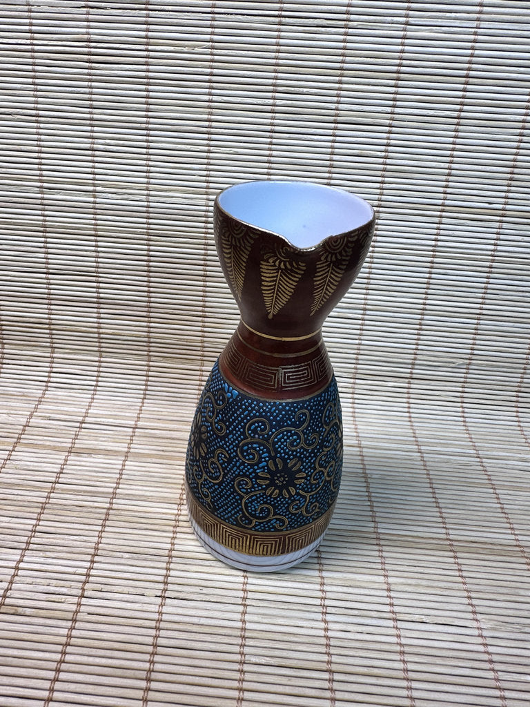 Vintage Kutani Sake Set, Blue and Gold Brocade Design, Tokkuri and Cups