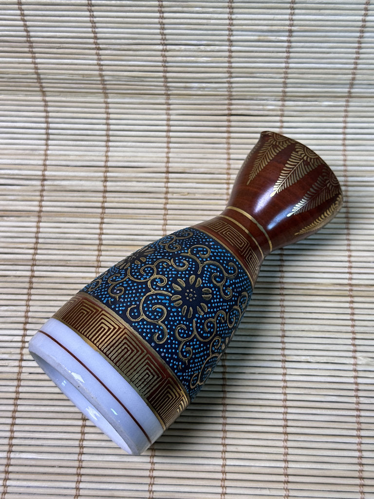 Vintage Kutani Sake Set, Blue and Gold Brocade Design, Tokkuri and Cups