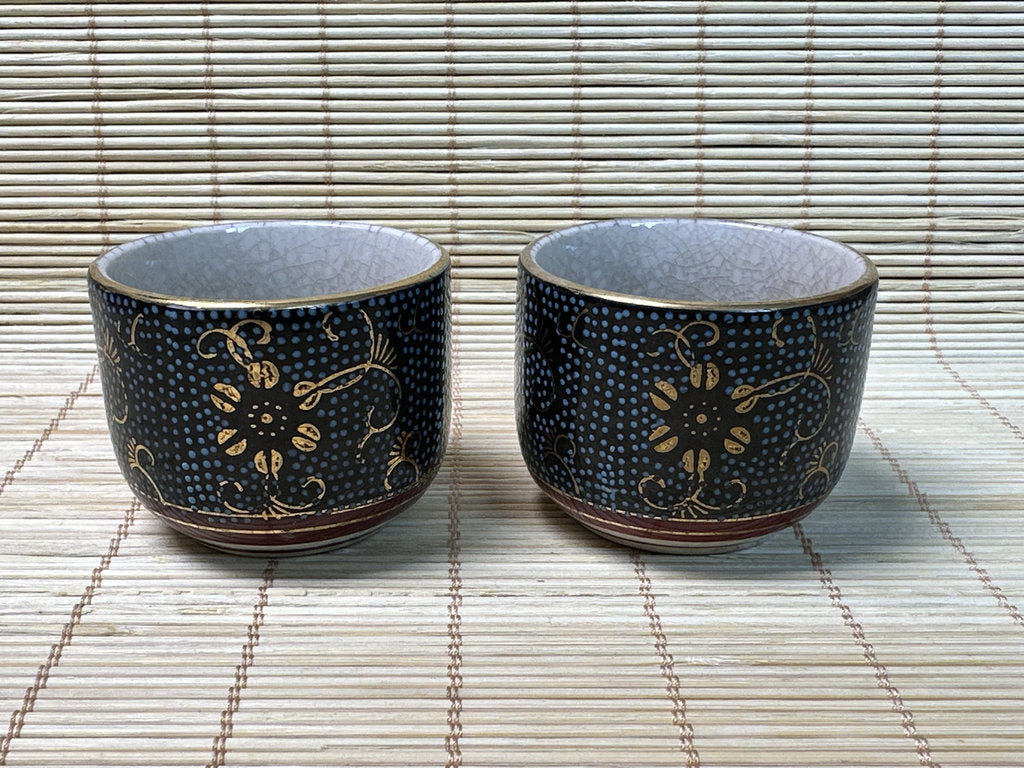 Vintage Kutani Sake Set, Blue and Gold Brocade Design, Tokkuri and Cups
