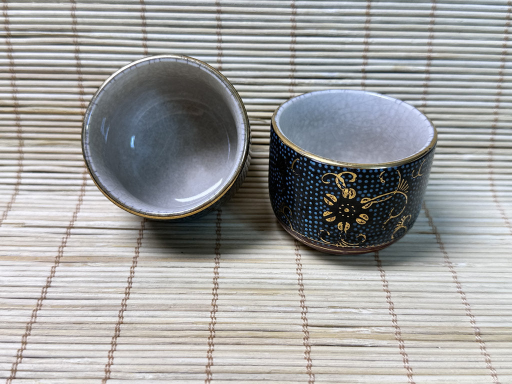 Vintage Kutani Sake Set, Blue and Gold Brocade Design, Tokkuri and Cups