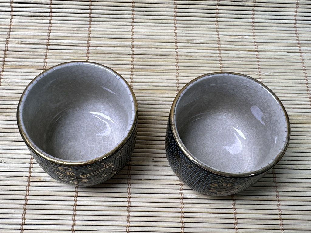 Vintage Kutani Sake Set, Blue and Gold Brocade Design, Tokkuri and Cups