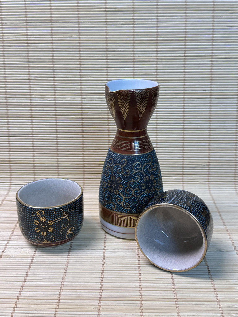 Vintage Kutani Sake Set, Blue and Gold Brocade Design, Tokkuri and Cups