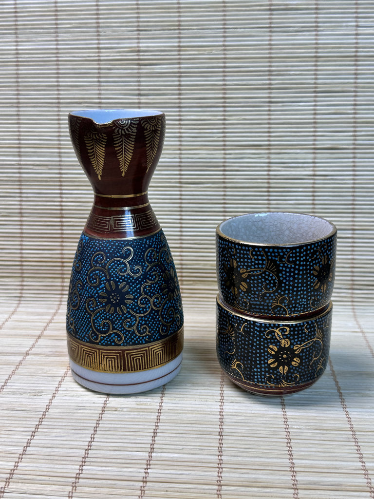 Vintage Kutani Sake Set, Blue and Gold Brocade Design, Tokkuri and Cups