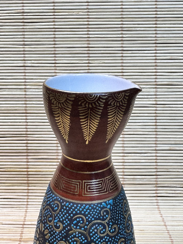 Vintage Kutani Sake Set, Blue and Gold Brocade Design, Tokkuri and Cups