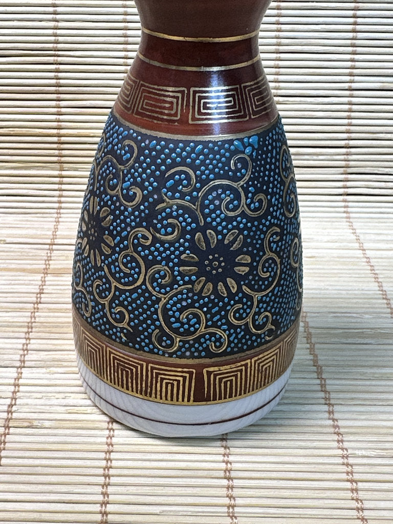 Vintage Kutani Sake Set, Blue and Gold Brocade Design, Tokkuri and Cups