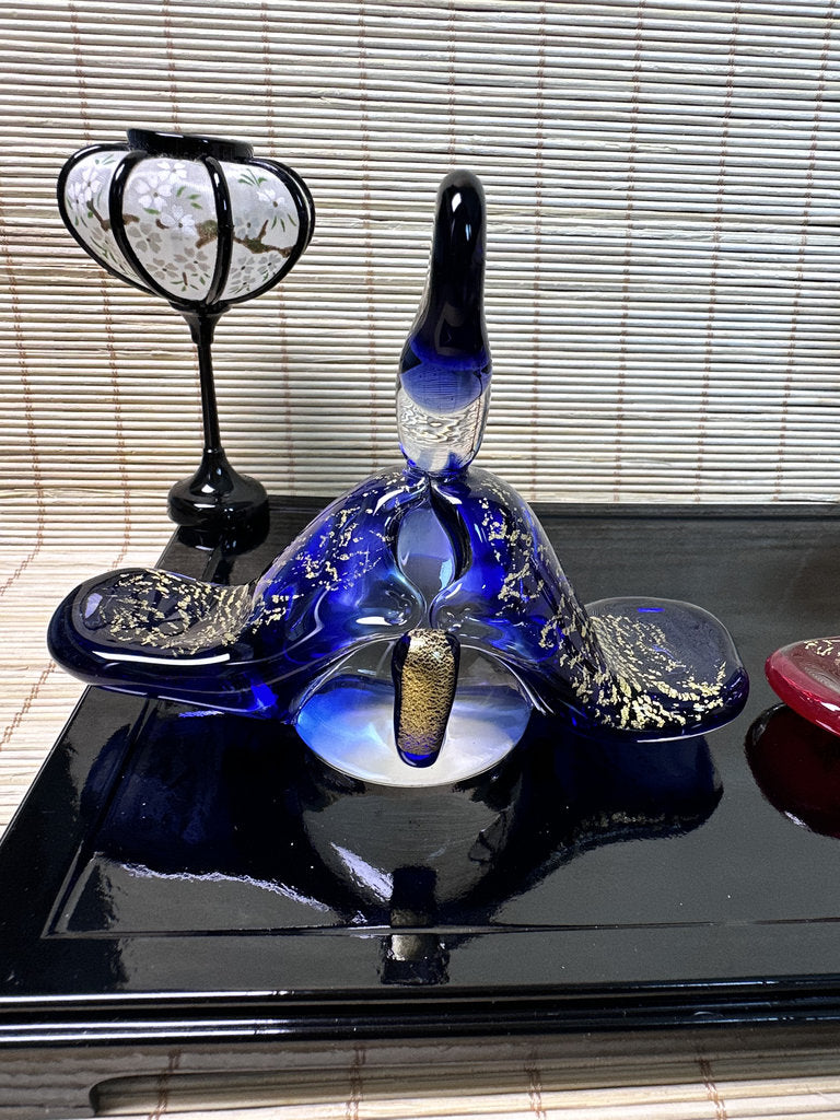 Pair of Japanese Gold Fleck Art Glass Bird Sculptures, King and Queen