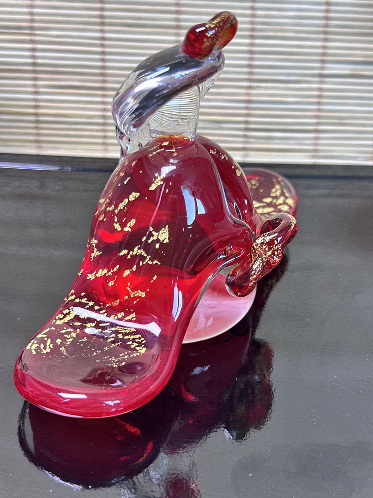 Pair of Japanese Gold Fleck Art Glass Bird Sculptures, King and Queen