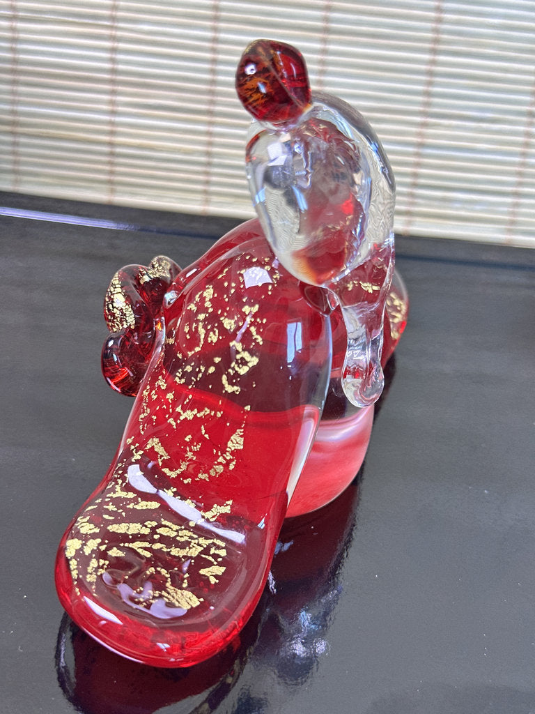 Pair of Japanese Gold Fleck Art Glass Bird Sculptures, King and Queen