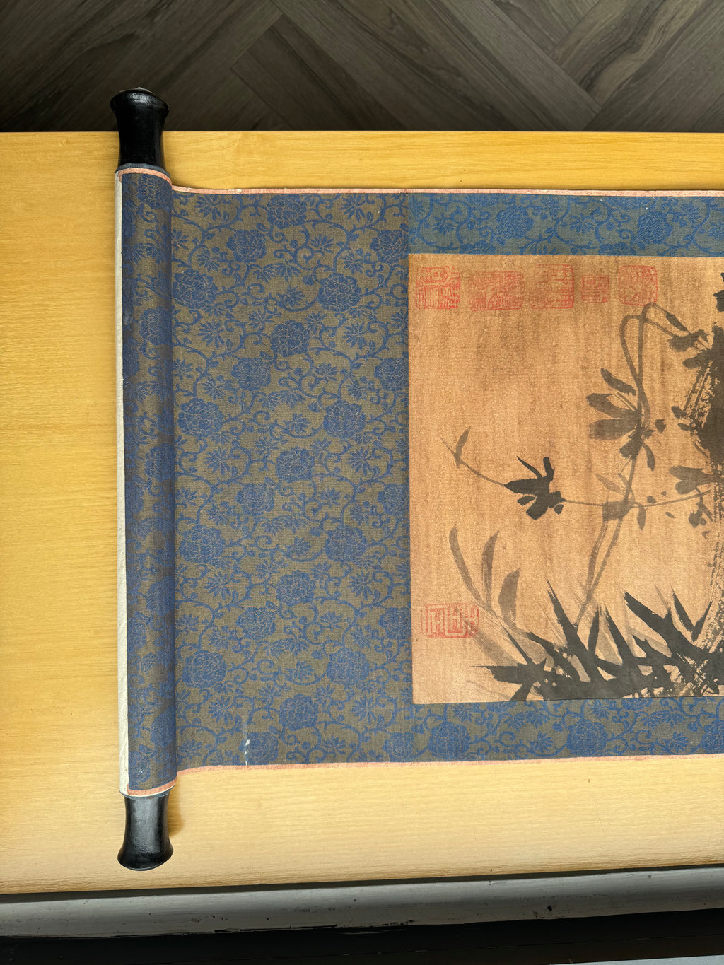 Vintage Japanese Hanging Scroll – Ink Bird on Bamboo Branch with Calligraphy