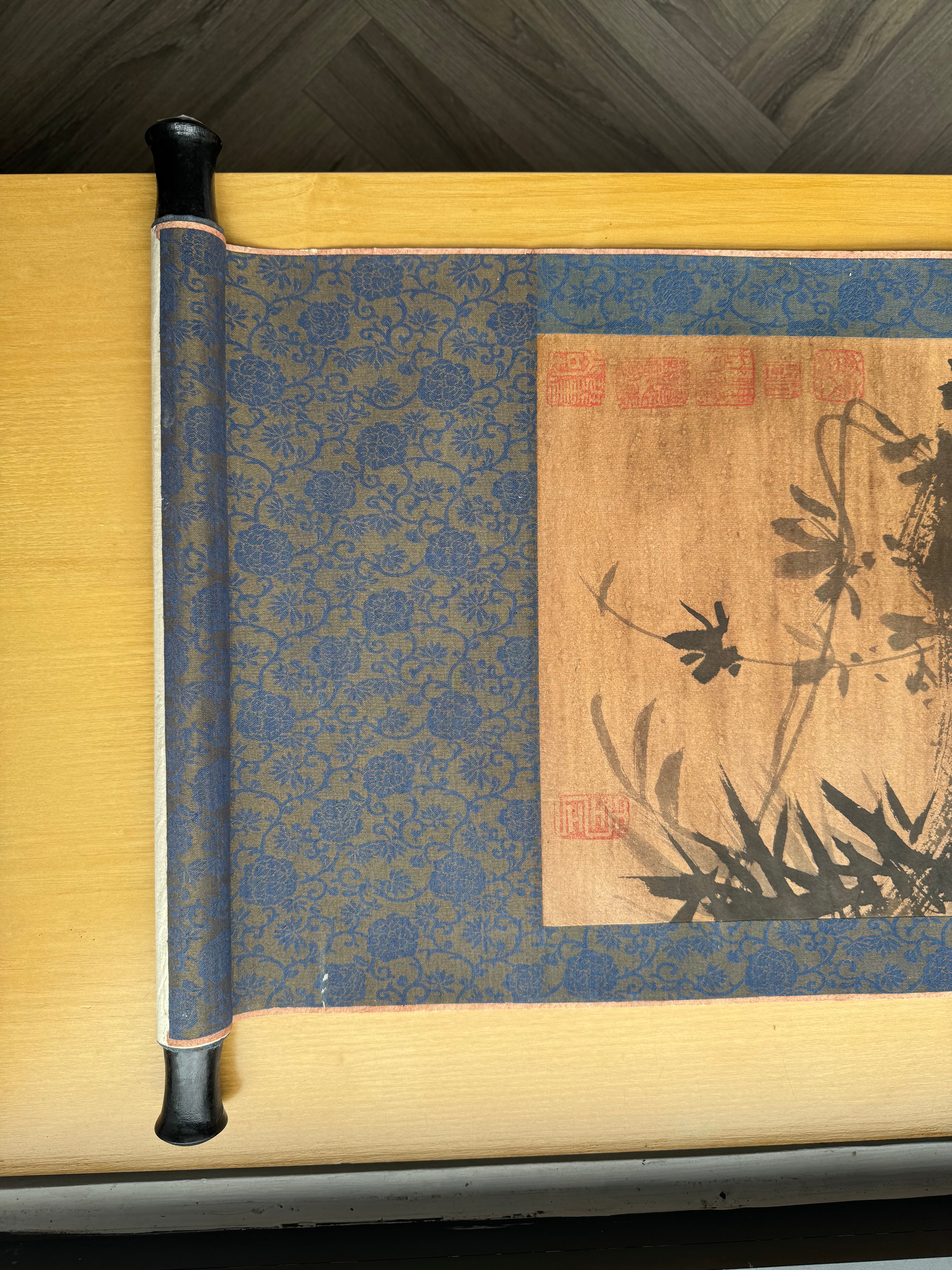 Vintage Japanese Hanging Scroll – Ink Bird on Bamboo Branch with Calligraphy