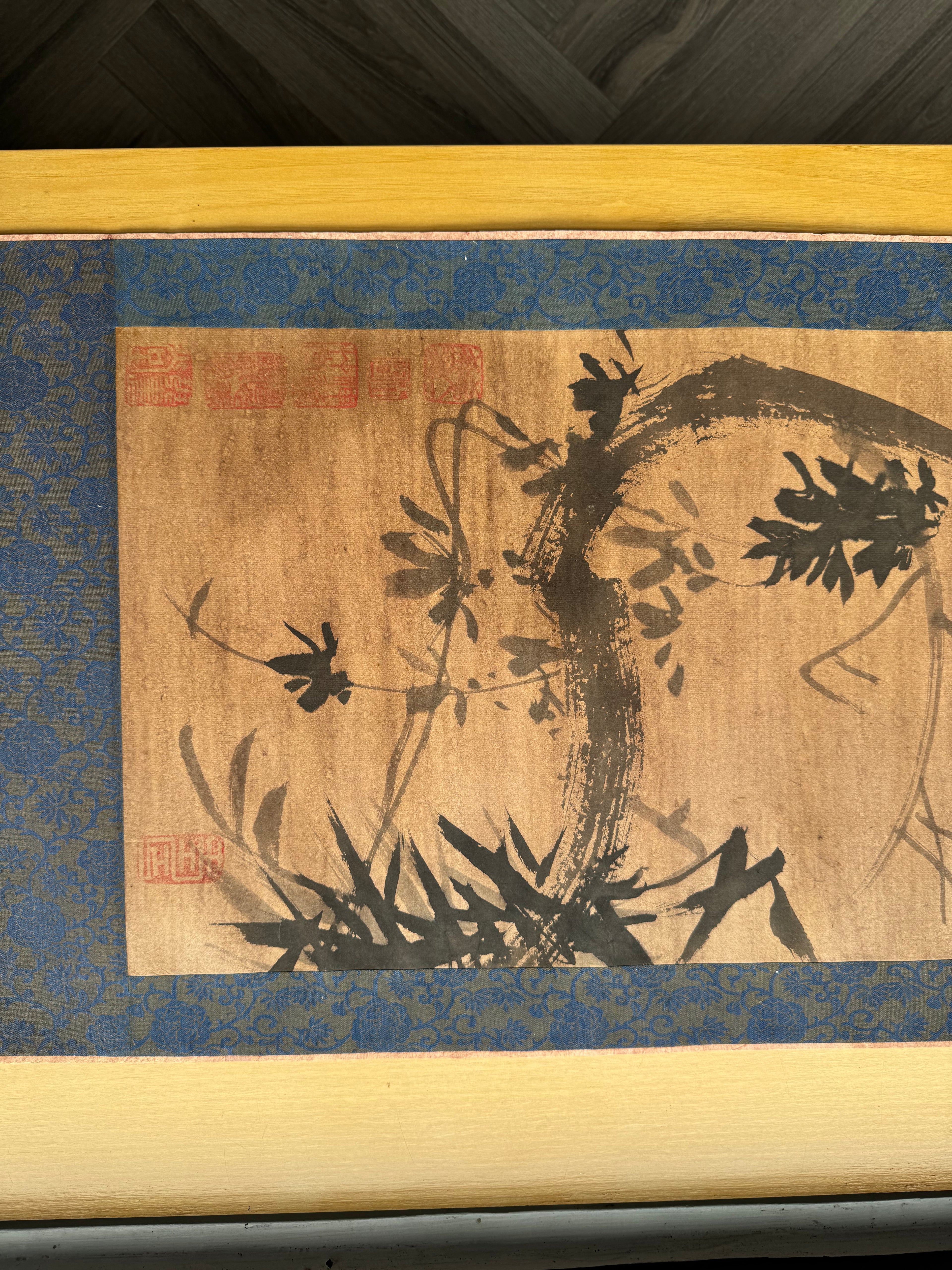 Vintage Japanese Hanging Scroll – Ink Bird on Bamboo Branch with Calligraphy