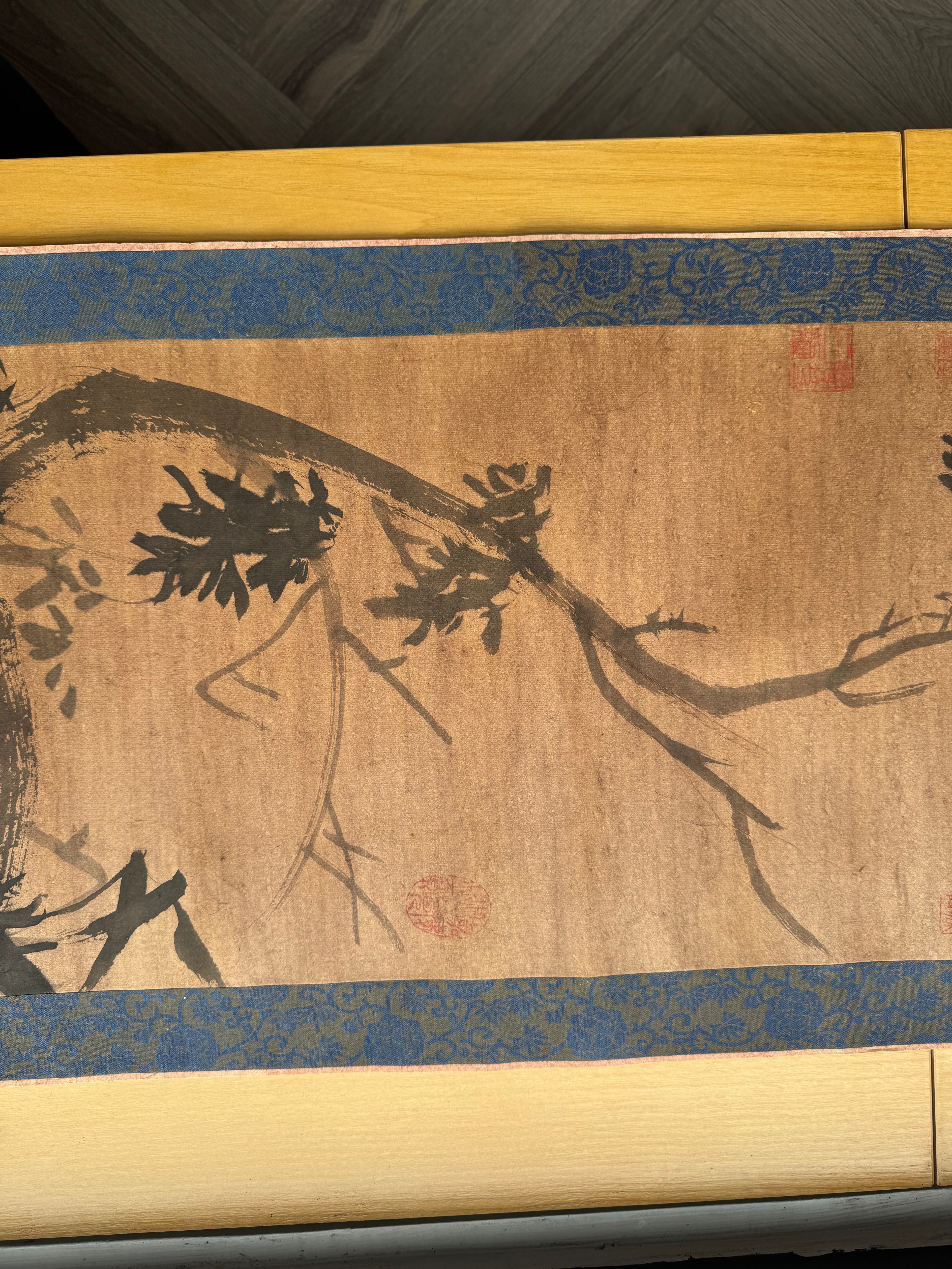 Vintage Japanese Hanging Scroll – Ink Bird on Bamboo Branch with Calligraphy
