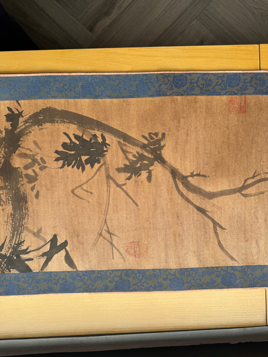 Vintage Japanese Hanging Scroll – Ink Bird on Bamboo Branch with Calligraphy