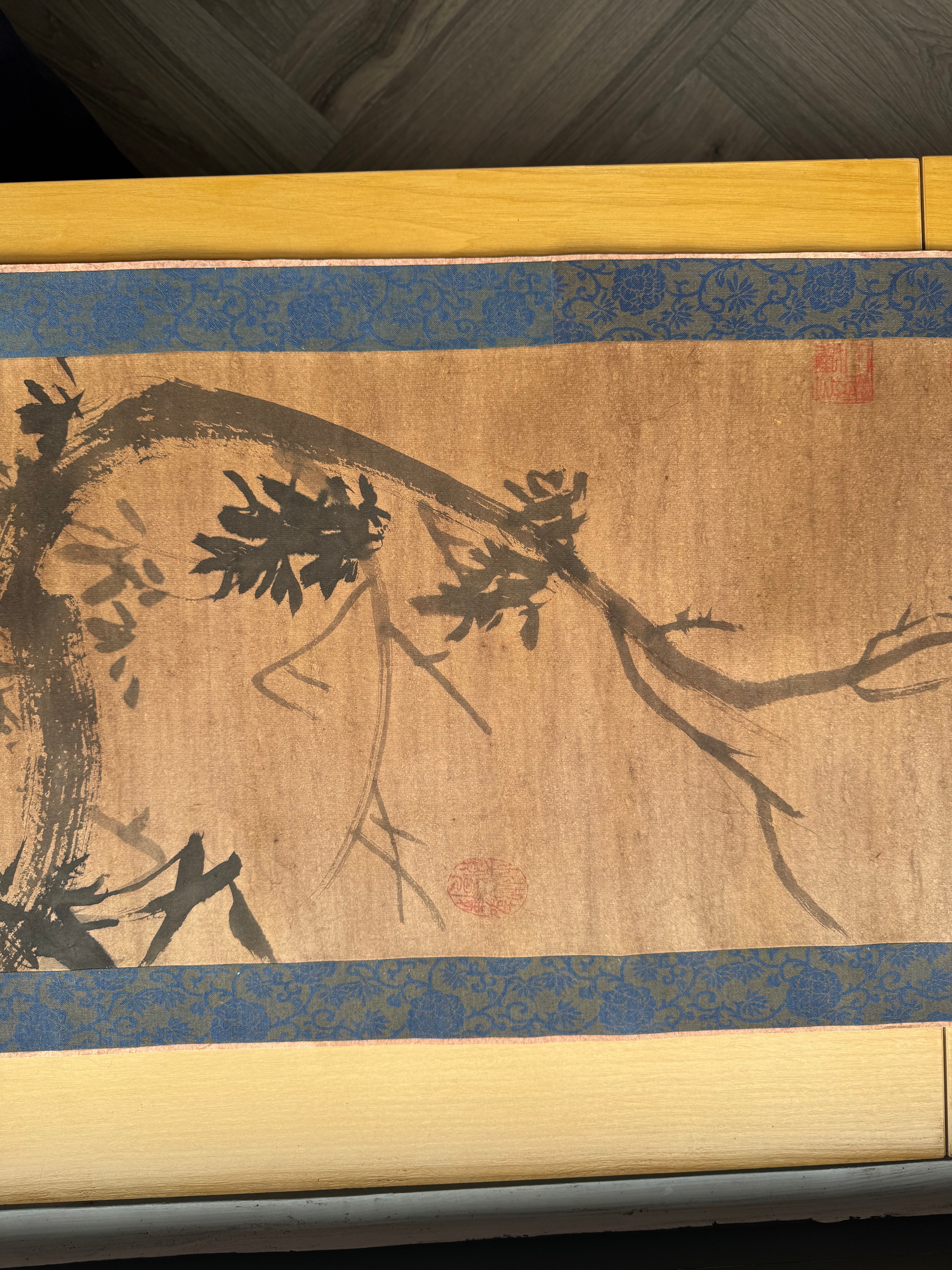 Vintage Japanese Hanging Scroll – Ink Bird on Bamboo Branch with Calligraphy