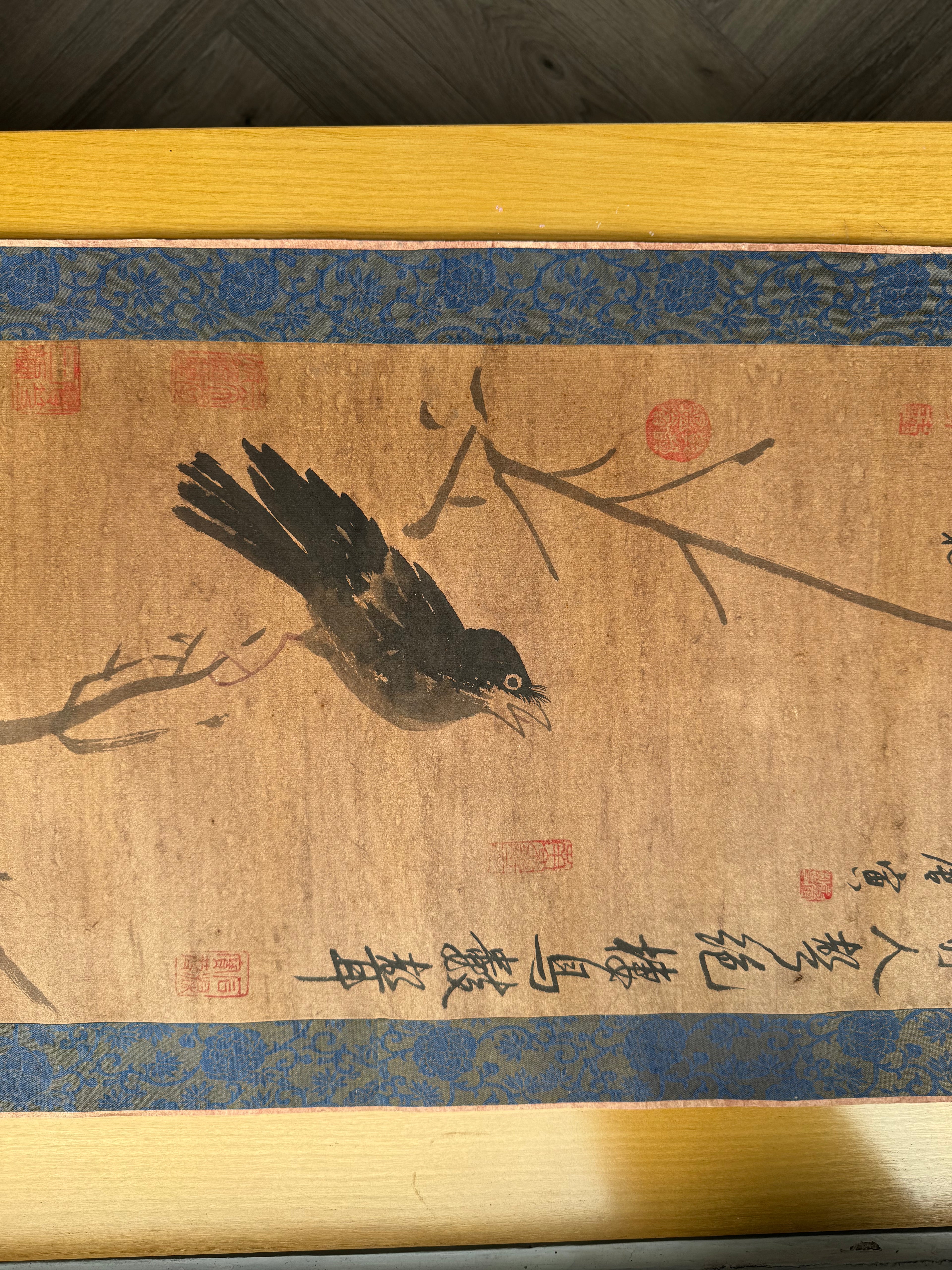 Vintage Japanese Hanging Scroll – Ink Bird on Bamboo Branch with Calligraphy