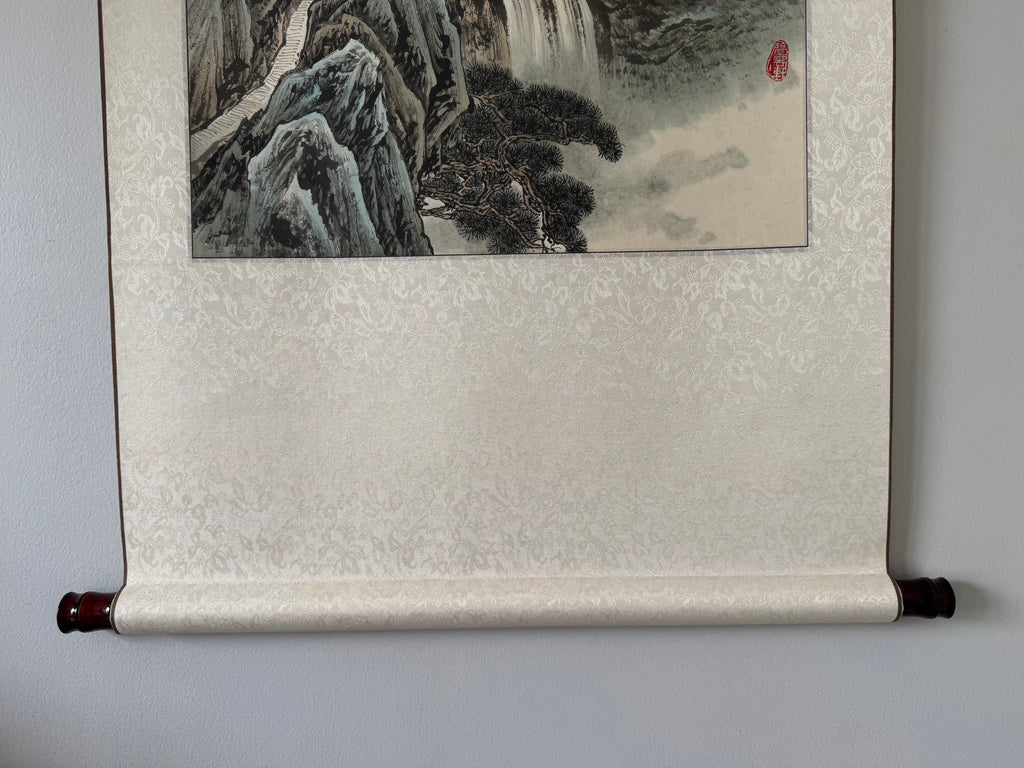 Japanese Mountain Landscape Hanging Scroll – Spring Nihonga Literati Painting by Kiyoo Sekimoto, Modern Kakemono on White Silk Brocade