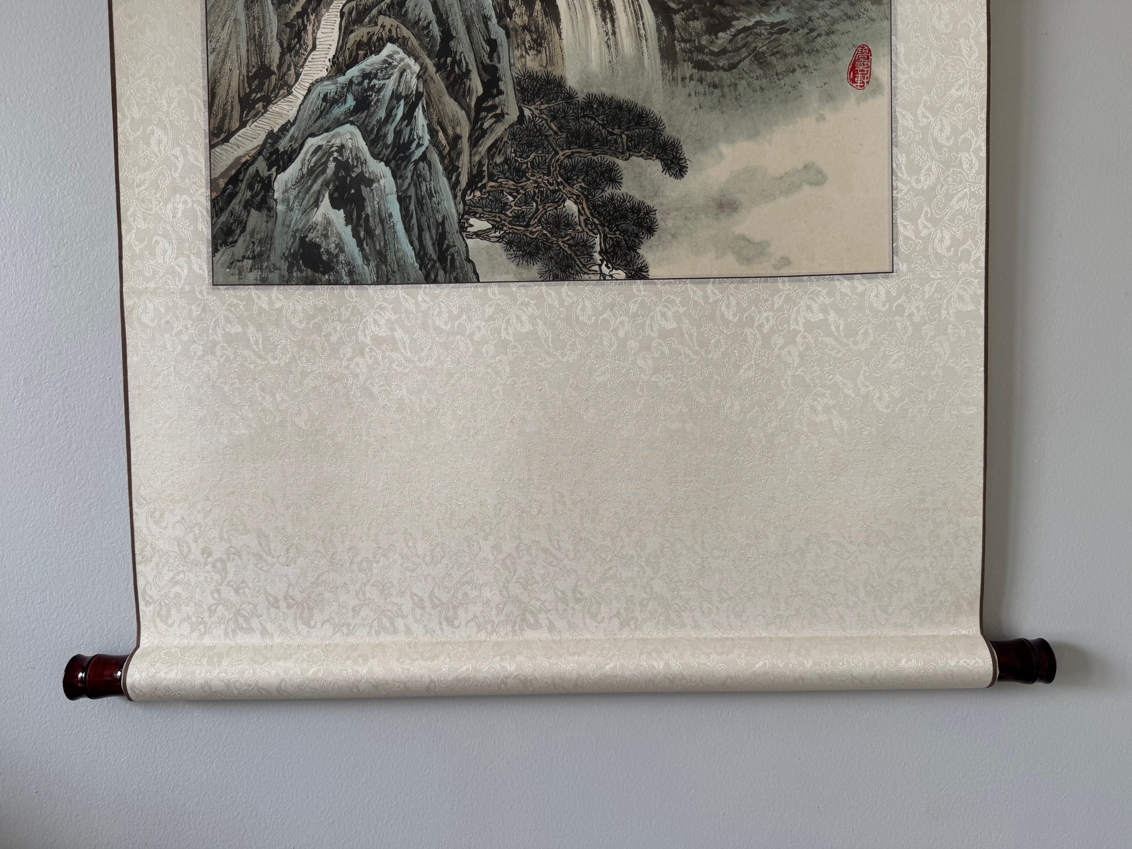 Japanese Mountain Landscape Hanging Scroll – Spring Nihonga Literati Painting by Kiyoo Sekimoto, Modern Kakemono on White Silk Brocade
