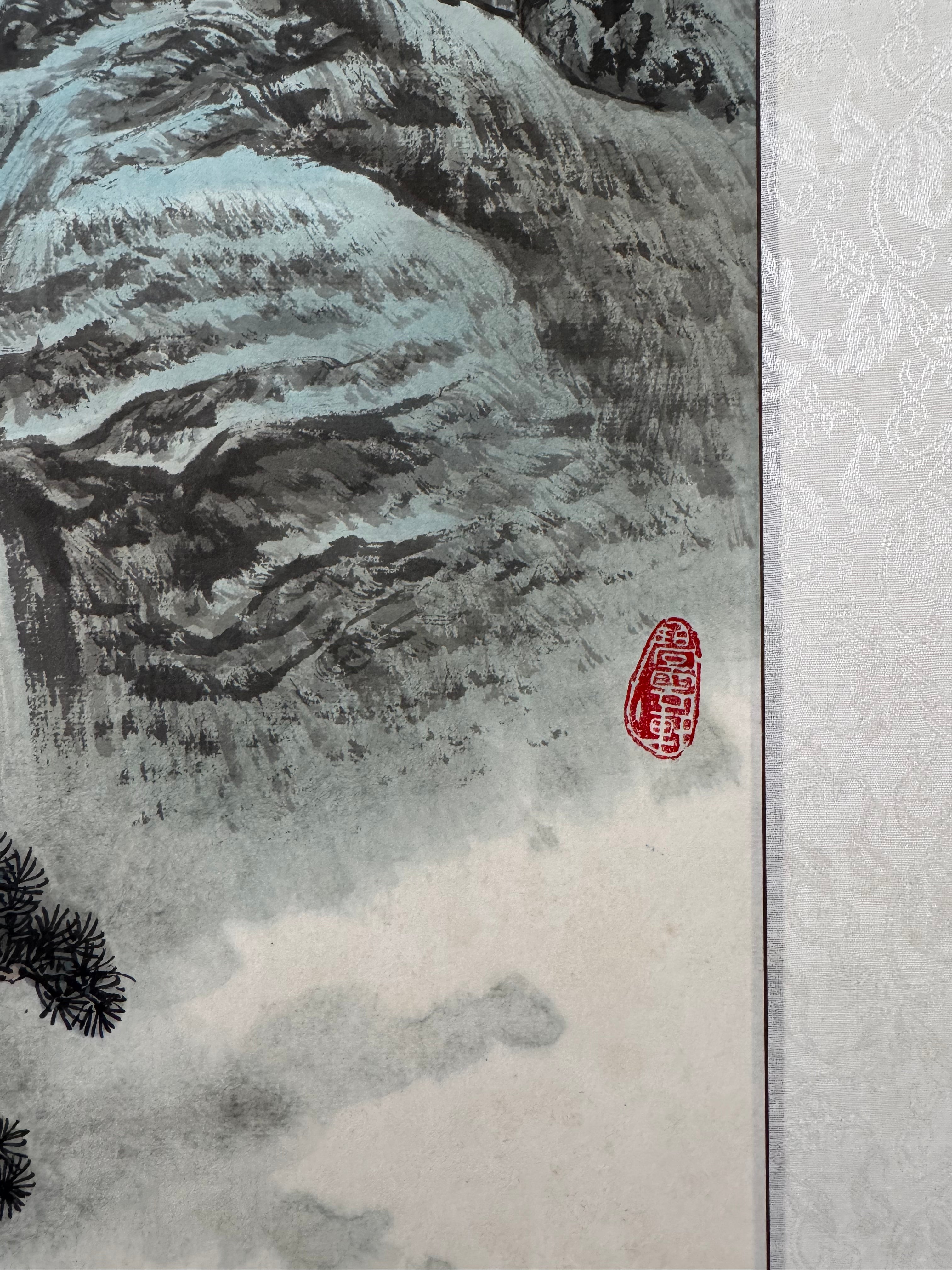 Japanese Mountain Landscape Hanging Scroll – Spring Nihonga Literati Painting by Kiyoo Sekimoto, Modern Kakemono on White Silk Brocade