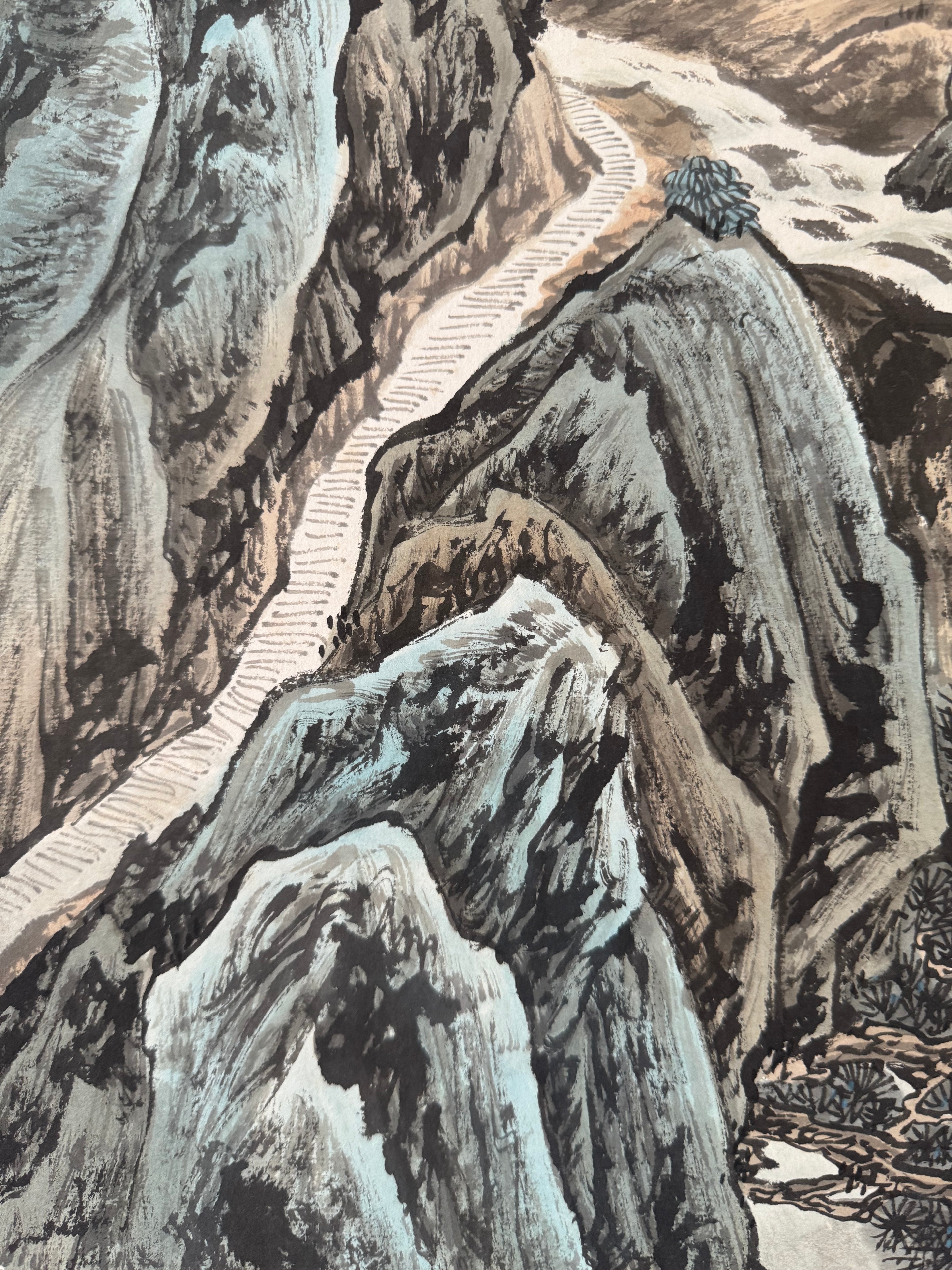 Japanese Mountain Landscape Hanging Scroll – Spring Nihonga Literati Painting by Kiyoo Sekimoto, Modern Kakemono on White Silk Brocade
