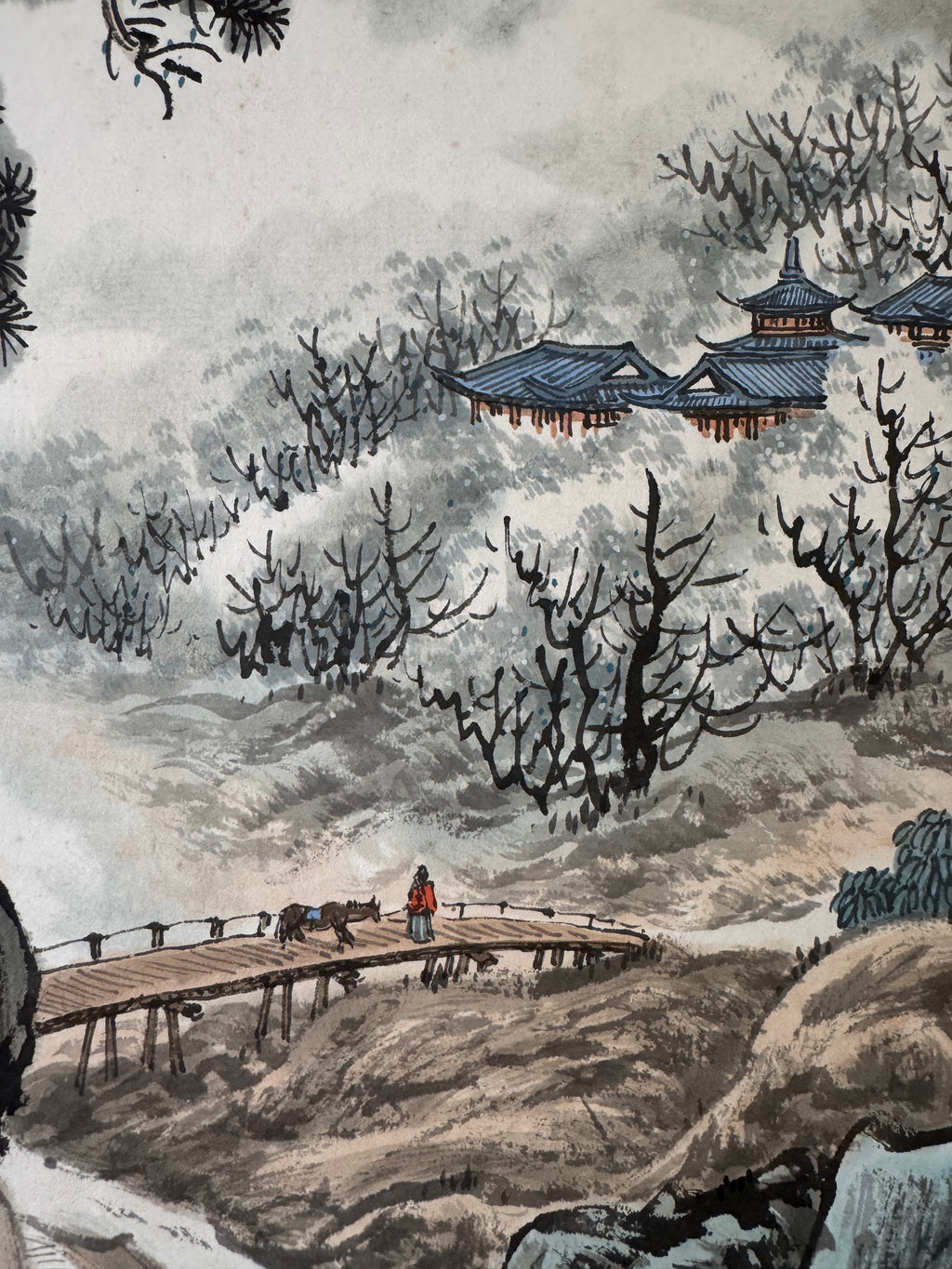 Japanese Mountain Landscape Hanging Scroll – Spring Nihonga Literati Painting by Kiyoo Sekimoto, Modern Kakemono on White Silk Brocade