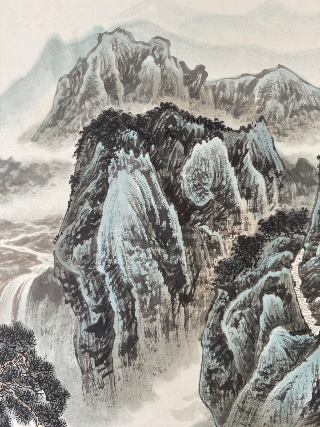 Japanese Mountain Landscape Hanging Scroll – Spring Nihonga Literati Painting by Kiyoo Sekimoto, Modern Kakemono on White Silk Brocade