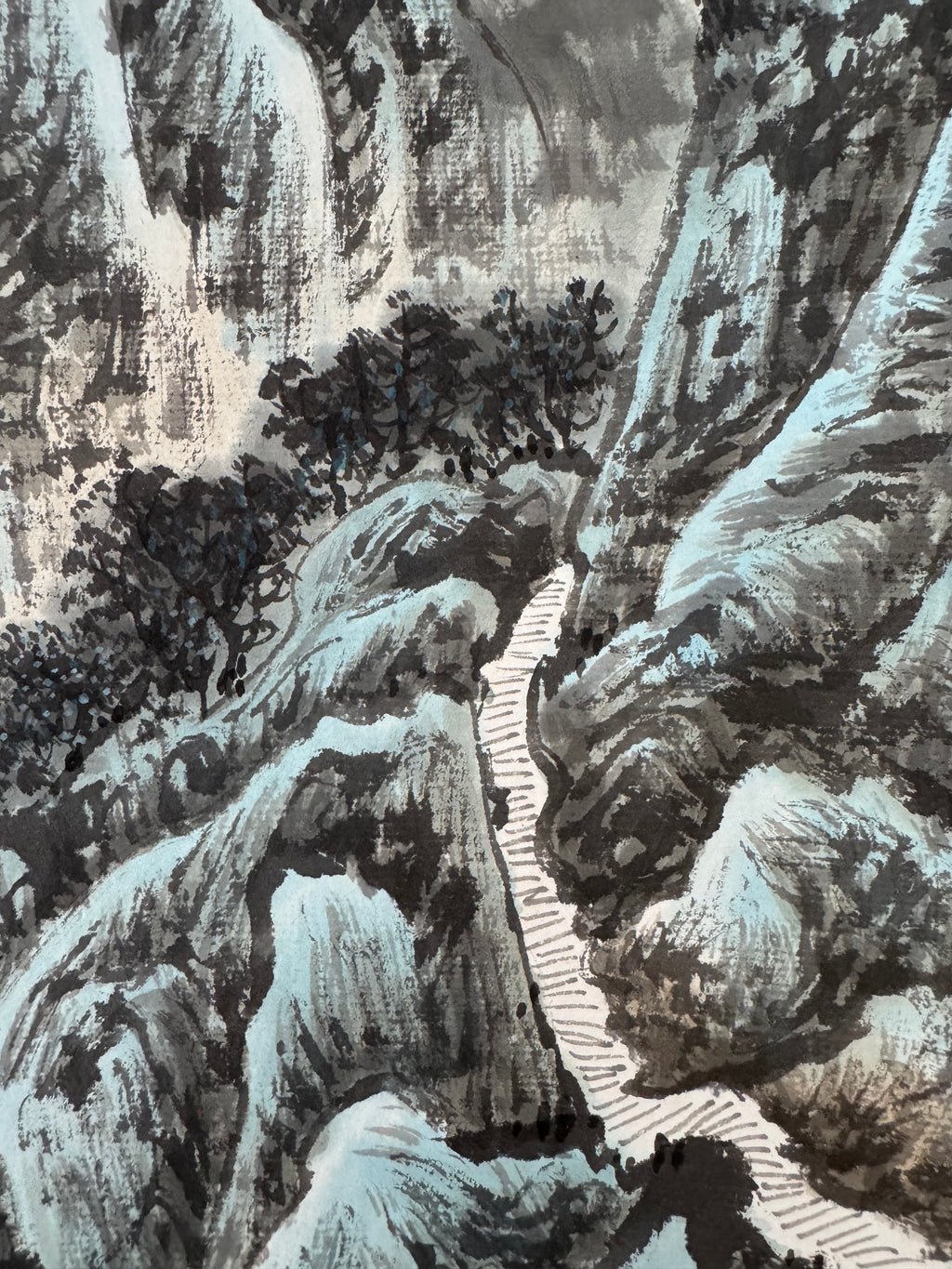 Japanese Mountain Landscape Hanging Scroll – Spring Nihonga Literati Painting by Kiyoo Sekimoto, Modern Kakemono on White Silk Brocade