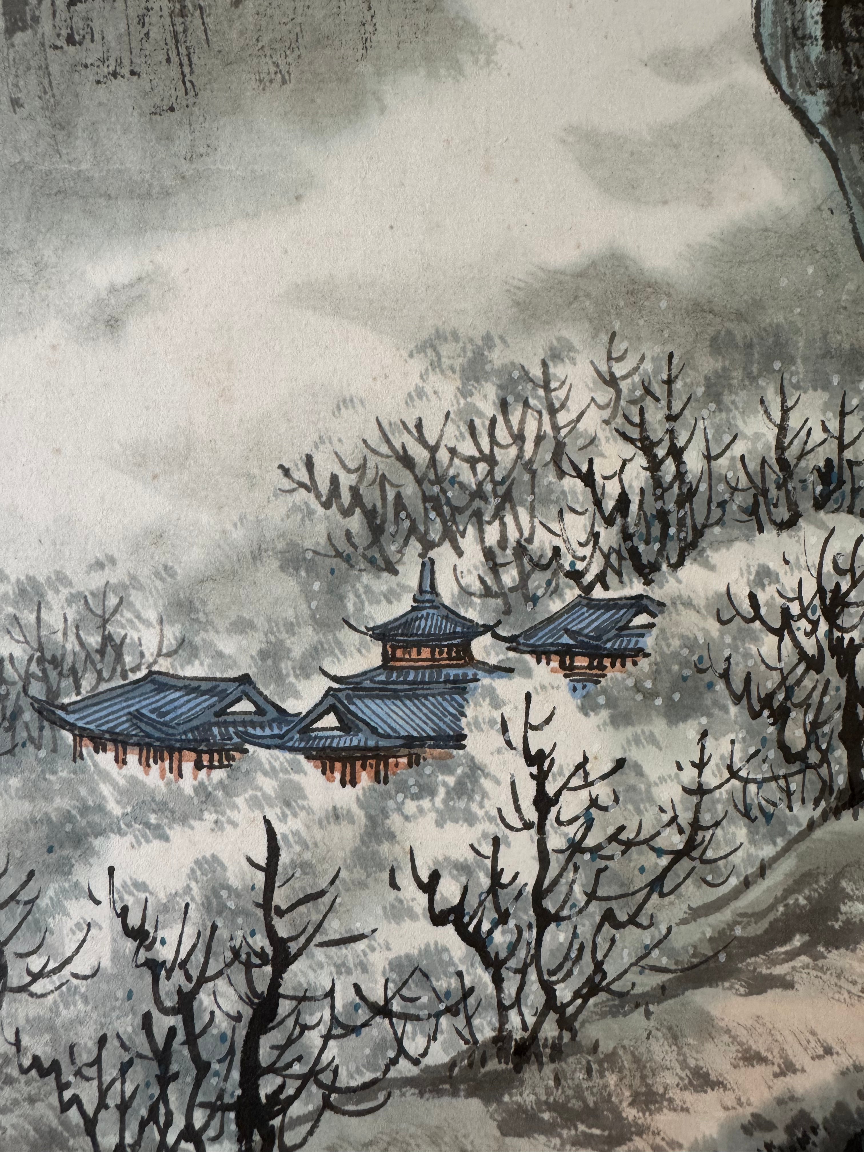 Japanese Mountain Landscape Hanging Scroll – Spring Nihonga Literati Painting by Kiyoo Sekimoto, Modern Kakemono on White Silk Brocade