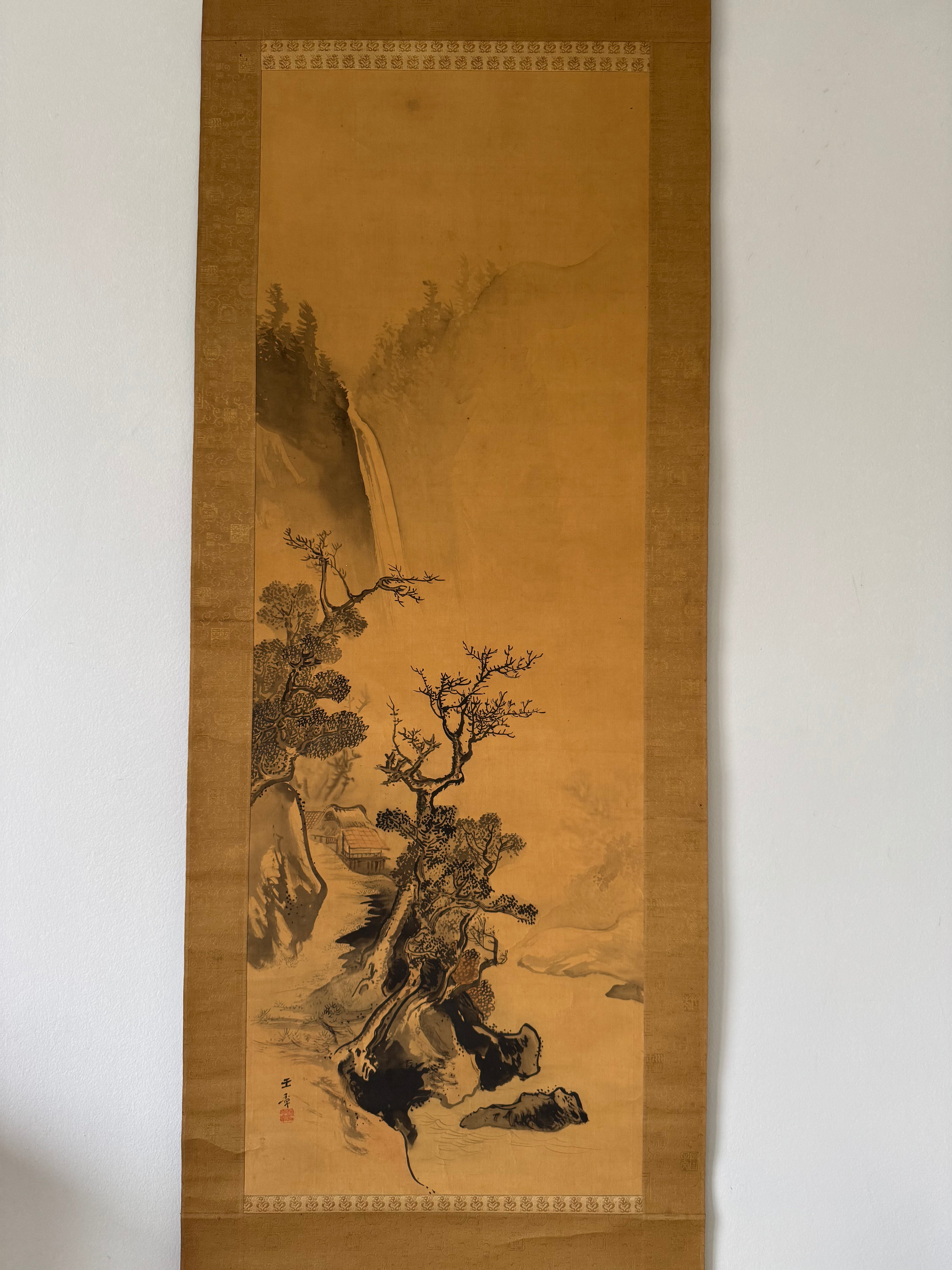 Antique Japanese Classical Landscape Hanging Scroll – Edo Meiji Kano Style Ink Painting Kakemono