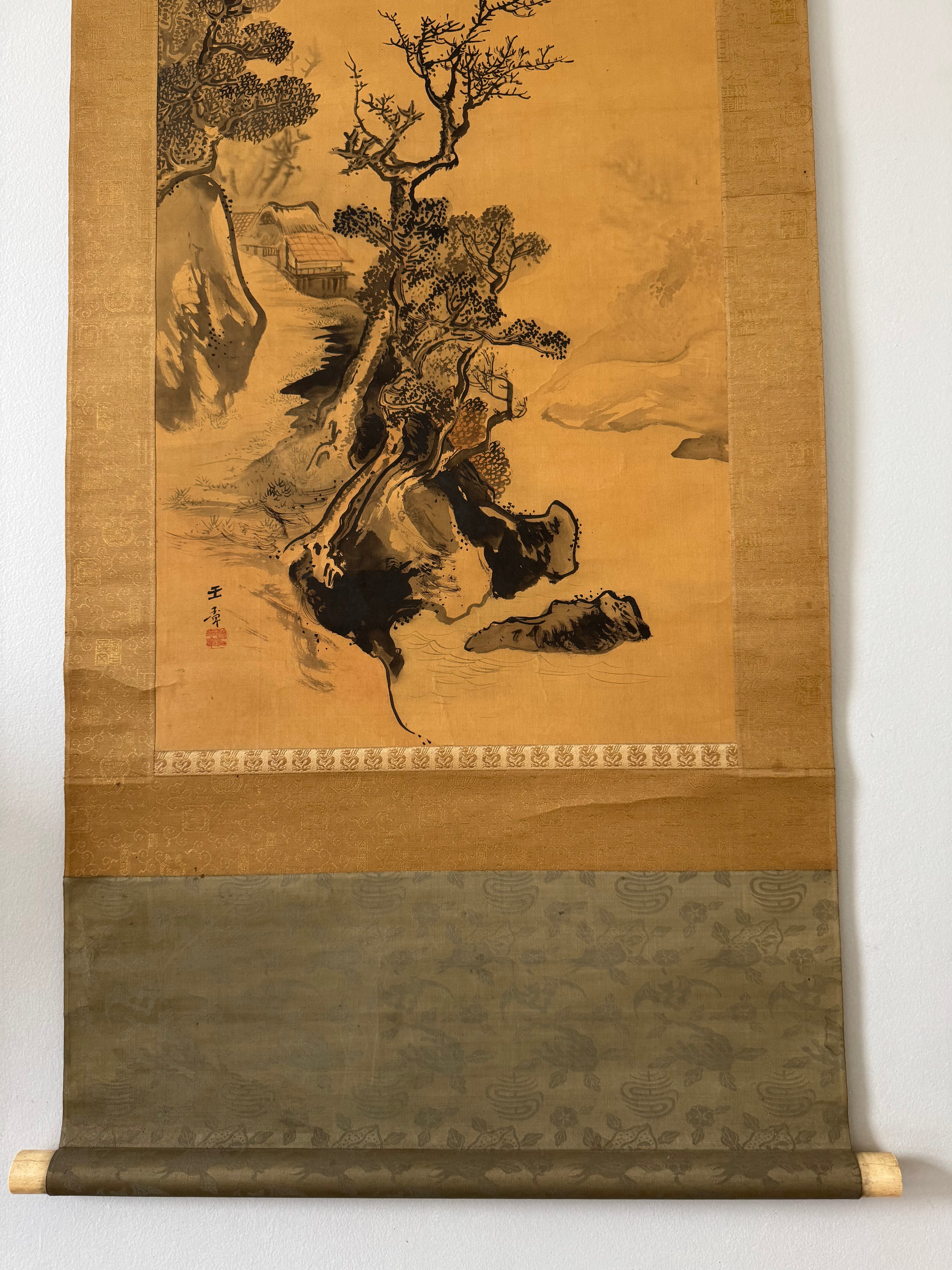 Antique Japanese Classical Landscape Hanging Scroll – Edo Meiji Kano Style Ink Painting Kakemono
