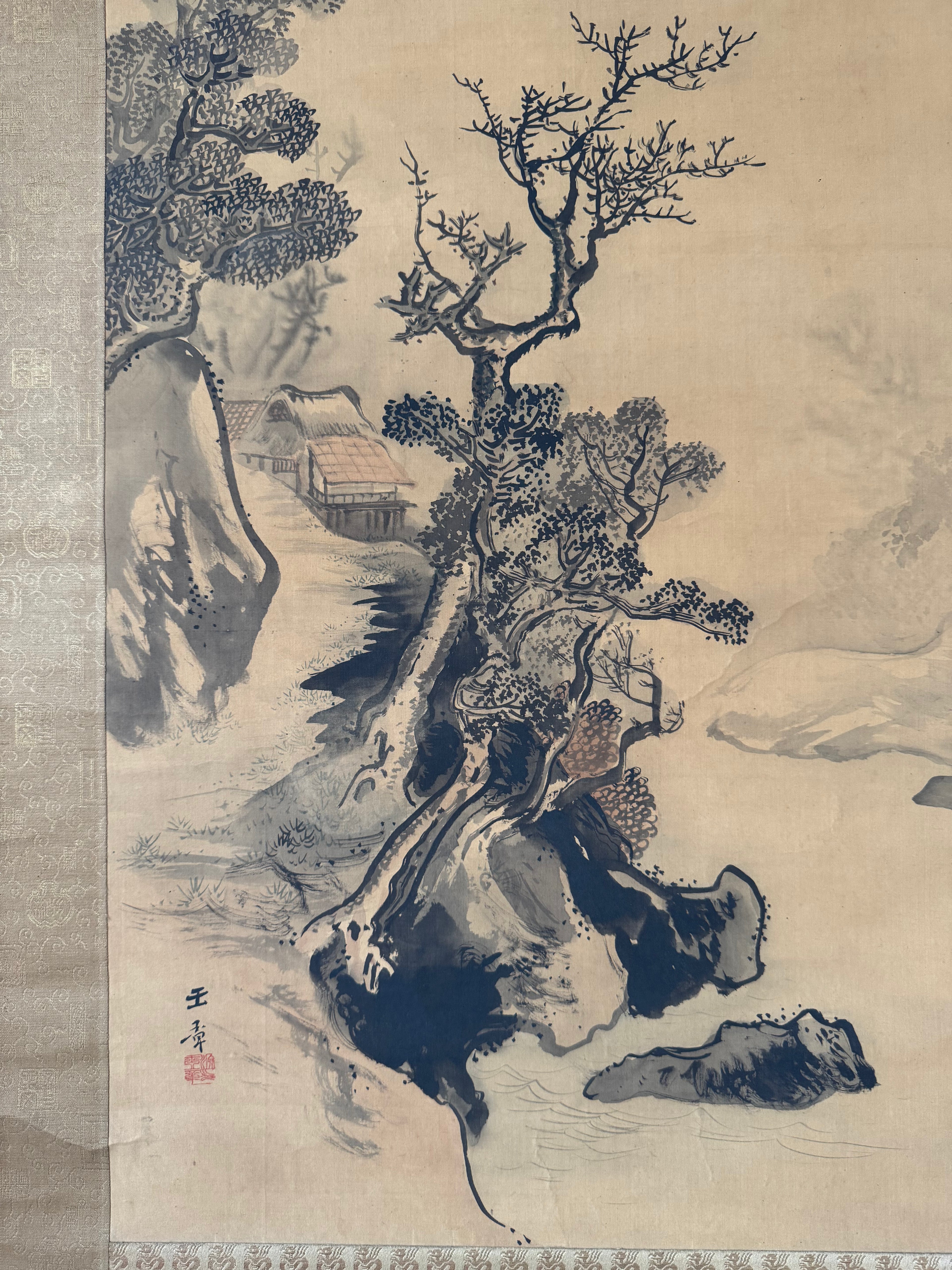 Antique Japanese Classical Landscape Hanging Scroll – Edo Meiji Kano Style Ink Painting Kakemono
