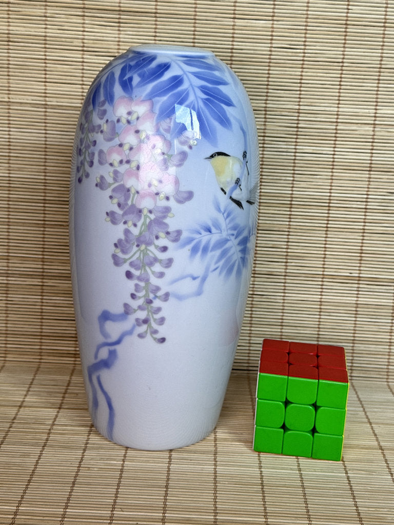 Vintage Japanese Porcelain Vase, Hand-Painted Wisteria and Songbird