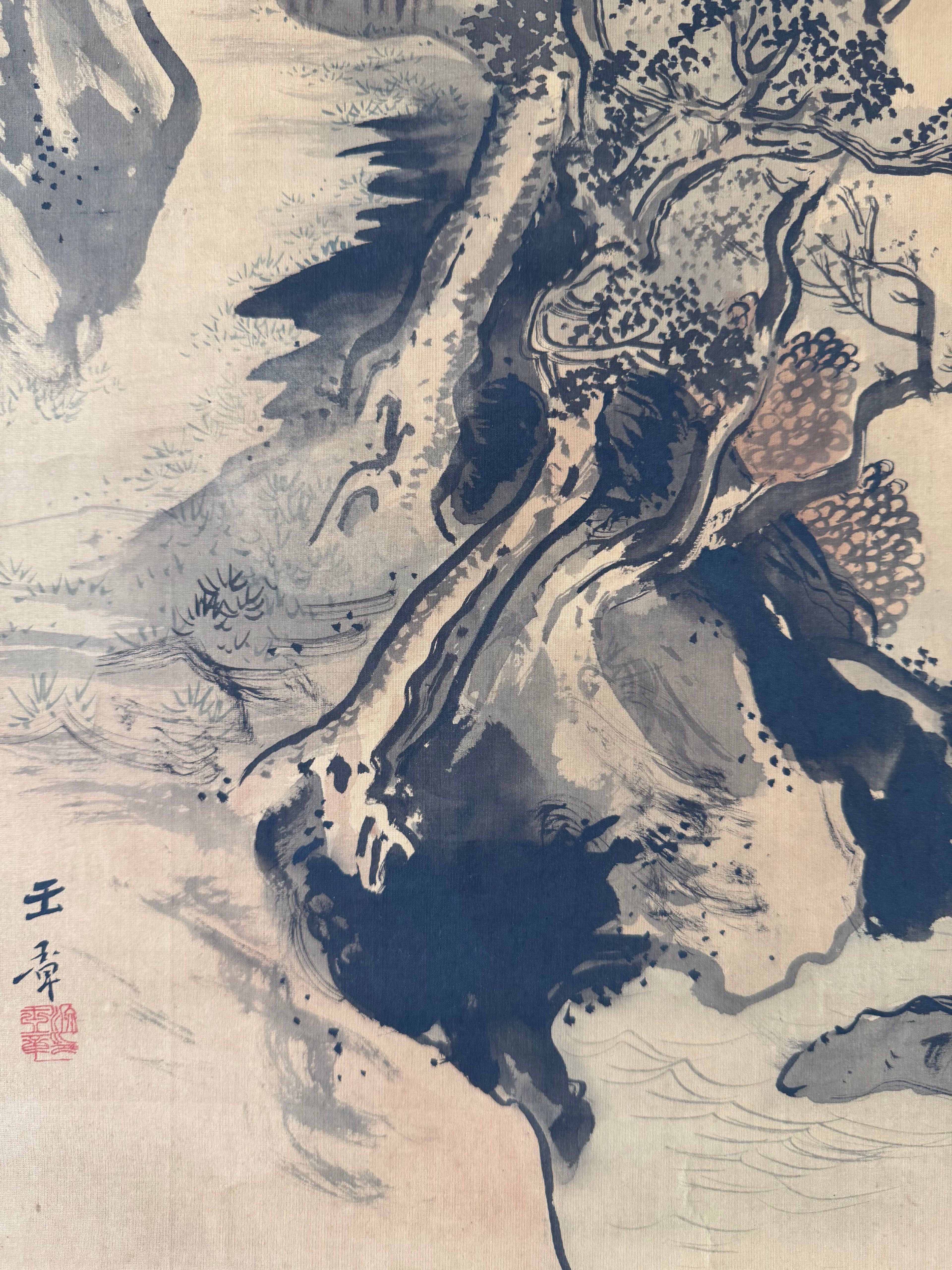 Antique Japanese Classical Landscape Hanging Scroll – Edo Meiji Kano Style Ink Painting Kakemono