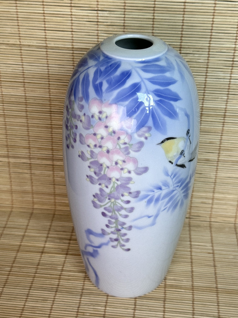 Vintage Japanese Porcelain Vase, Hand-Painted Wisteria and Songbird