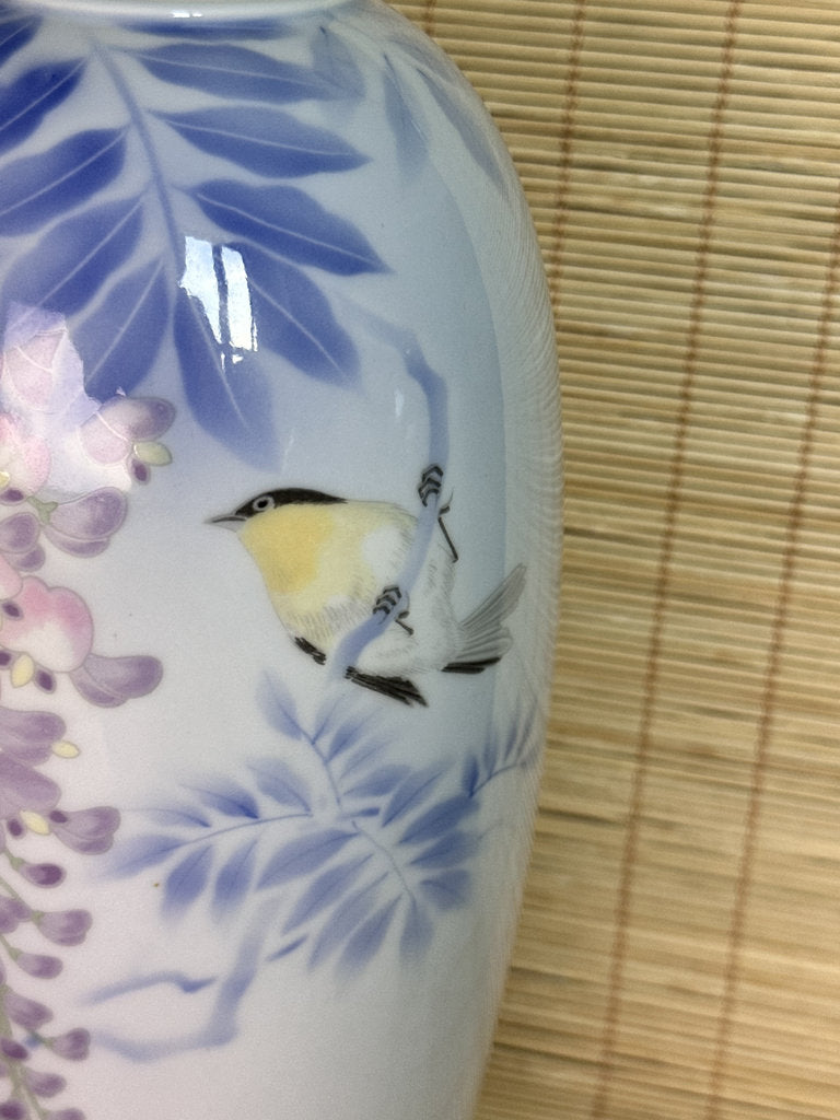 Vintage Japanese Porcelain Vase, Hand-Painted Wisteria and Songbird