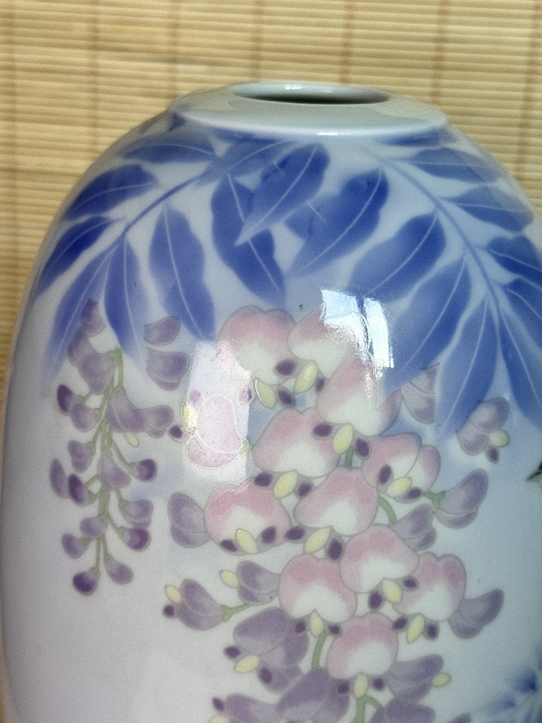 Vintage Japanese Porcelain Vase, Hand-Painted Wisteria and Songbird
