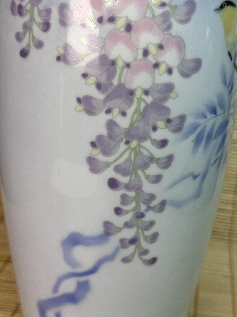 Vintage Japanese Porcelain Vase, Hand-Painted Wisteria and Songbird