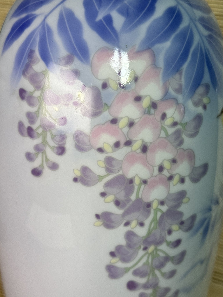 Vintage Japanese Porcelain Vase, Hand-Painted Wisteria and Songbird