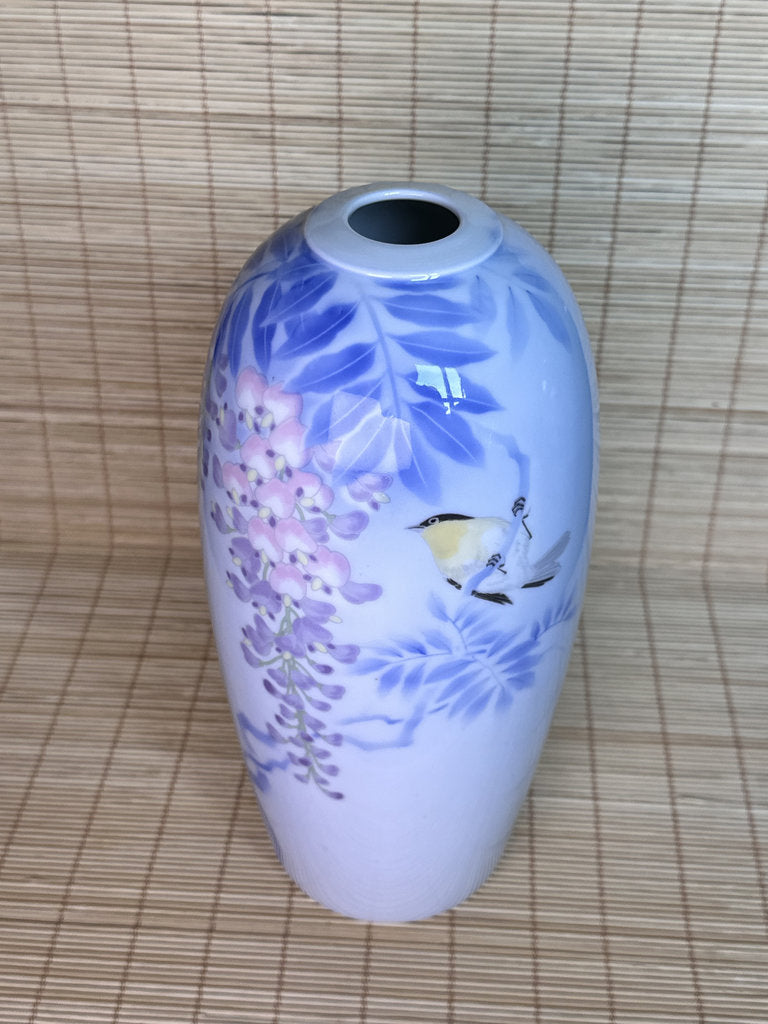 Vintage Japanese Porcelain Vase, Hand-Painted Wisteria and Songbird