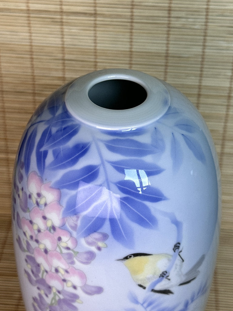 Vintage Japanese Porcelain Vase, Hand-Painted Wisteria and Songbird