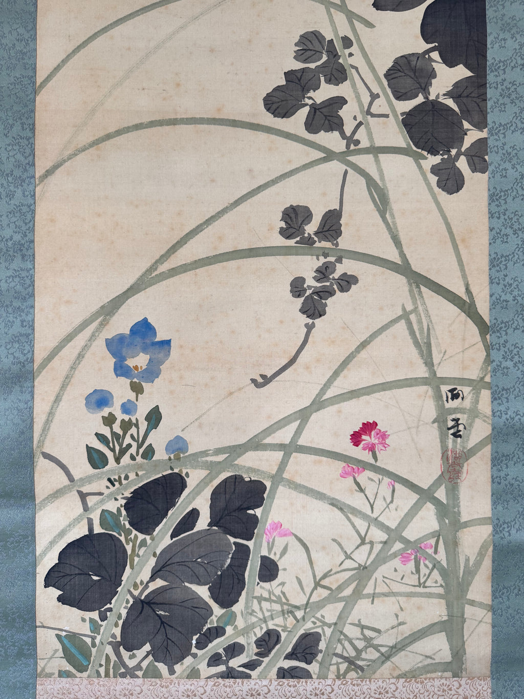Japanese Flower Calligraphy Hanging Scroll – Autumn Kacho-ga Nihonga Painting by Shuho, Modern Kakemono with Kanshi Poetry