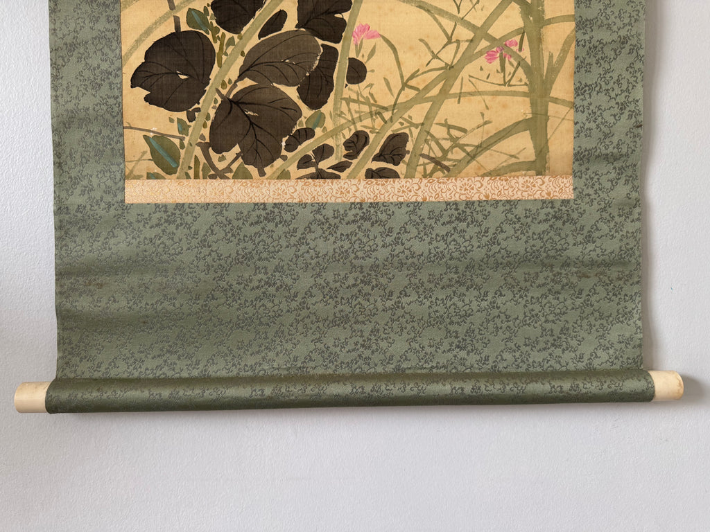 Japanese Flower Calligraphy Hanging Scroll – Autumn Kacho-ga Nihonga Painting by Shuho, Modern Kakemono with Kanshi Poetry
