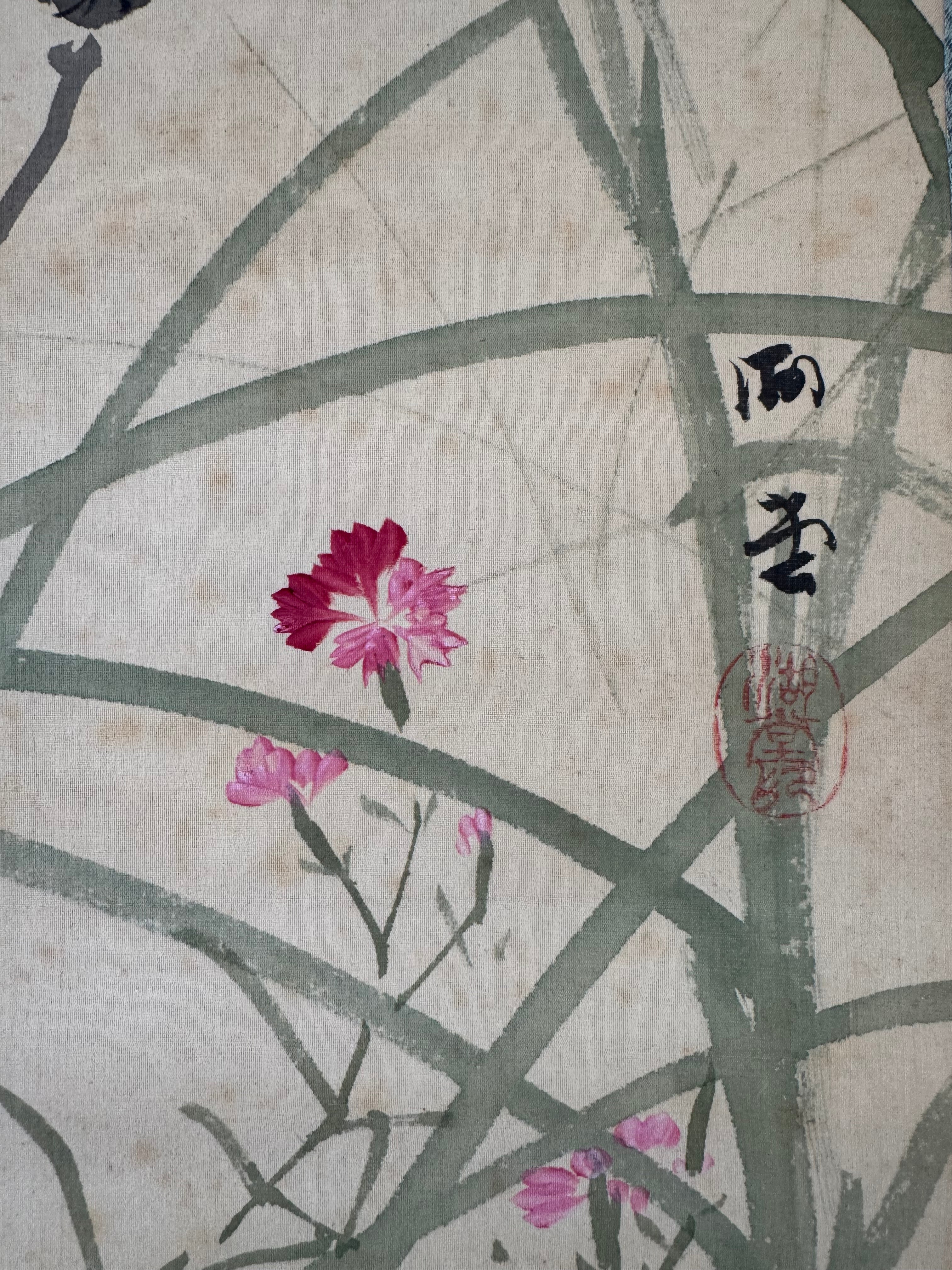 Japanese Flower Calligraphy Hanging Scroll – Autumn Kacho-ga Nihonga Painting by Shuho, Modern Kakemono with Kanshi Poetry