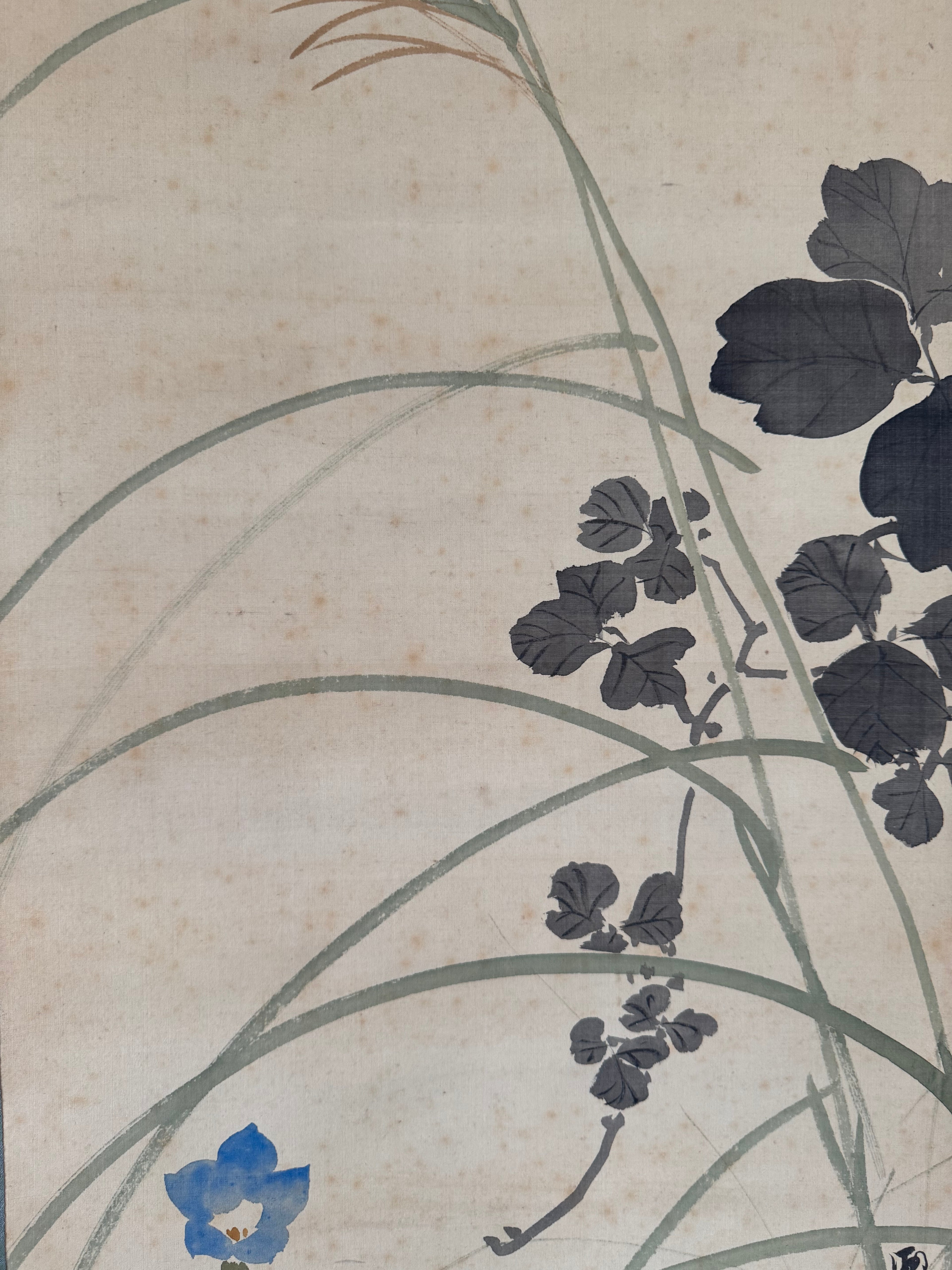 Japanese Flower Calligraphy Hanging Scroll – Autumn Kacho-ga Nihonga Painting by Shuho, Modern Kakemono with Kanshi Poetry