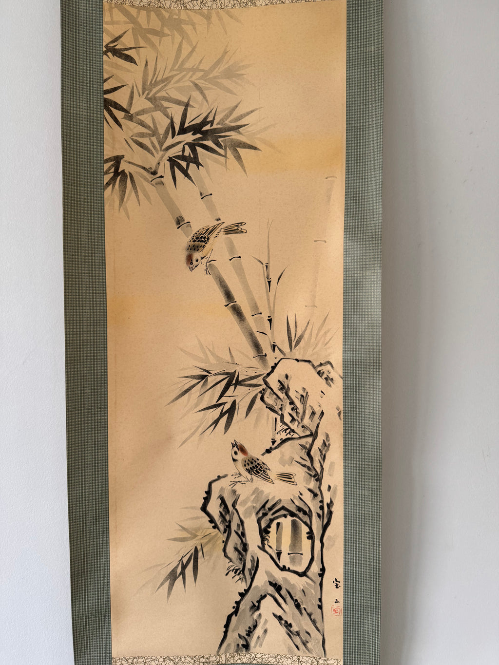 Japanese Bamboo Bird Hanging Scroll – Vintage Printed Kacho-ga Kakemono