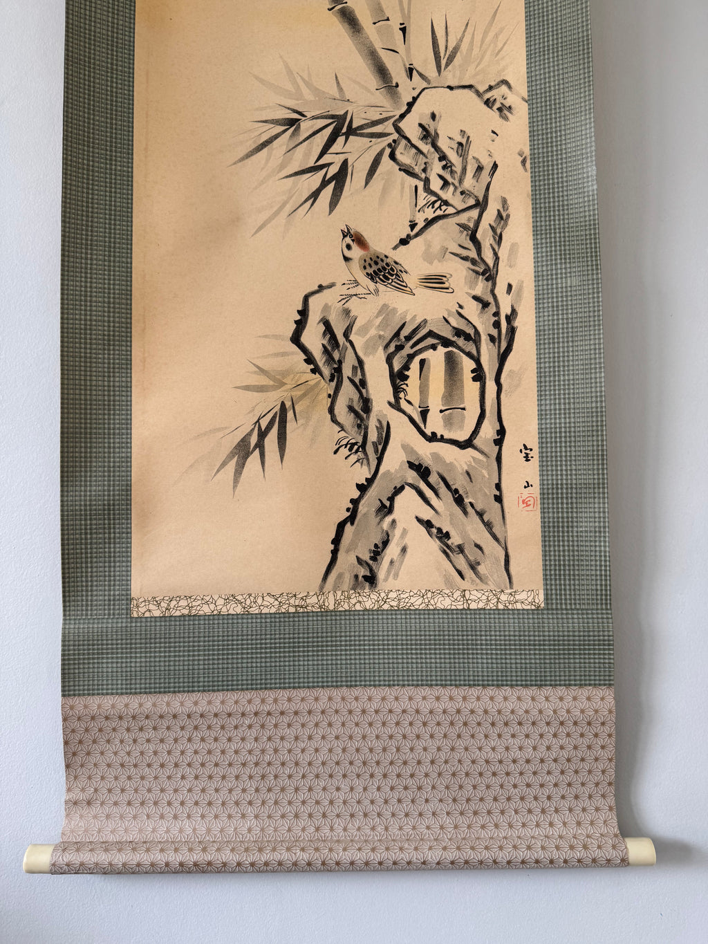 Japanese Bamboo Bird Hanging Scroll – Vintage Printed Kacho-ga Kakemono