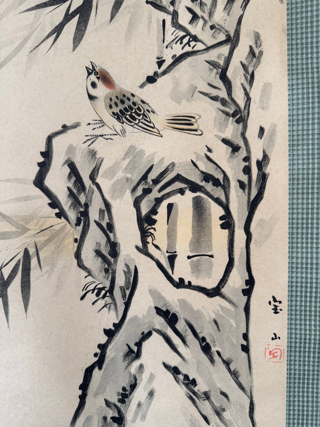Japanese Bamboo Bird Hanging Scroll – Vintage Printed Kacho-ga Kakemono