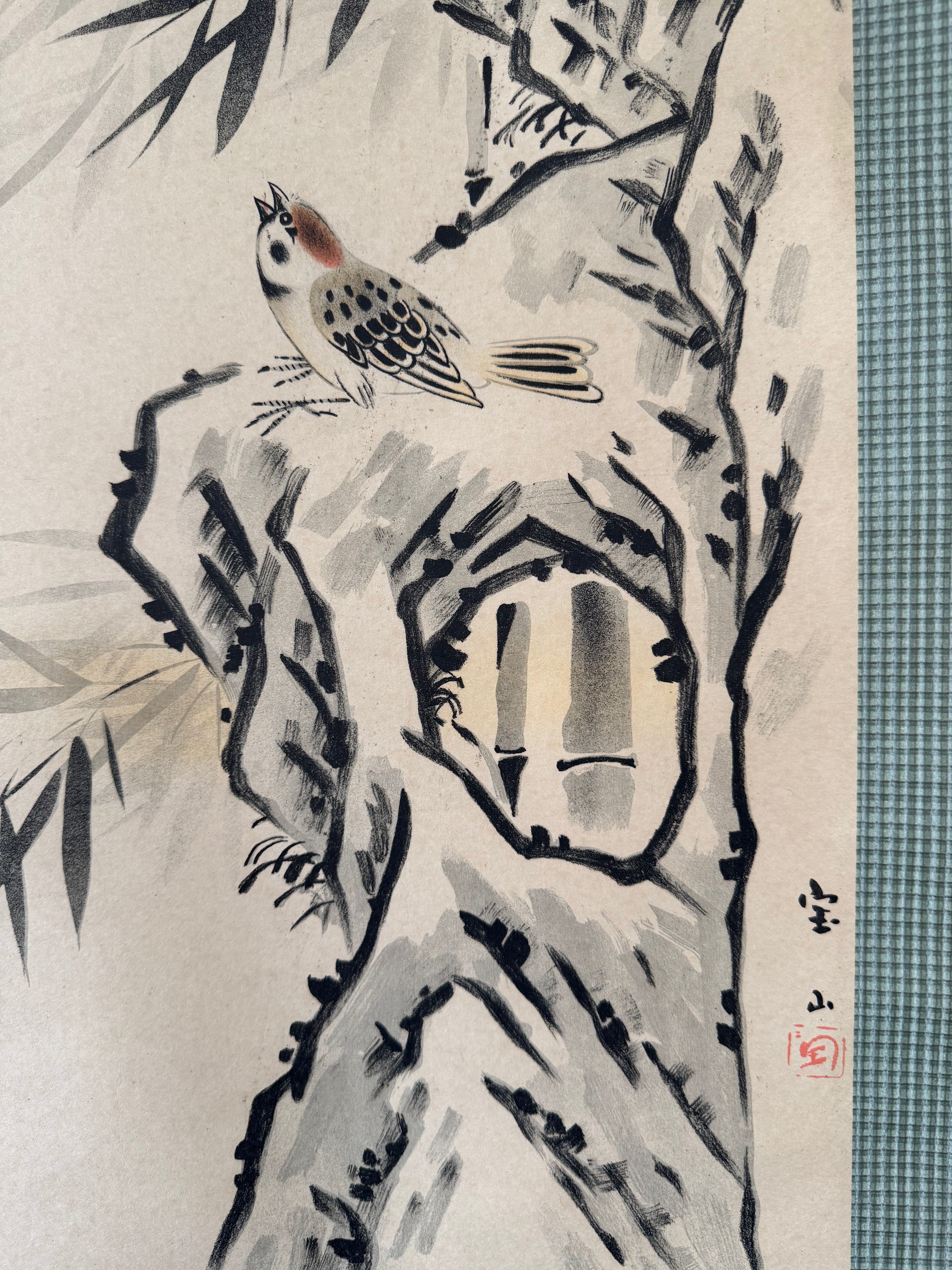 Japanese Bamboo Bird Hanging Scroll – Vintage Printed Kacho-ga Kakemono