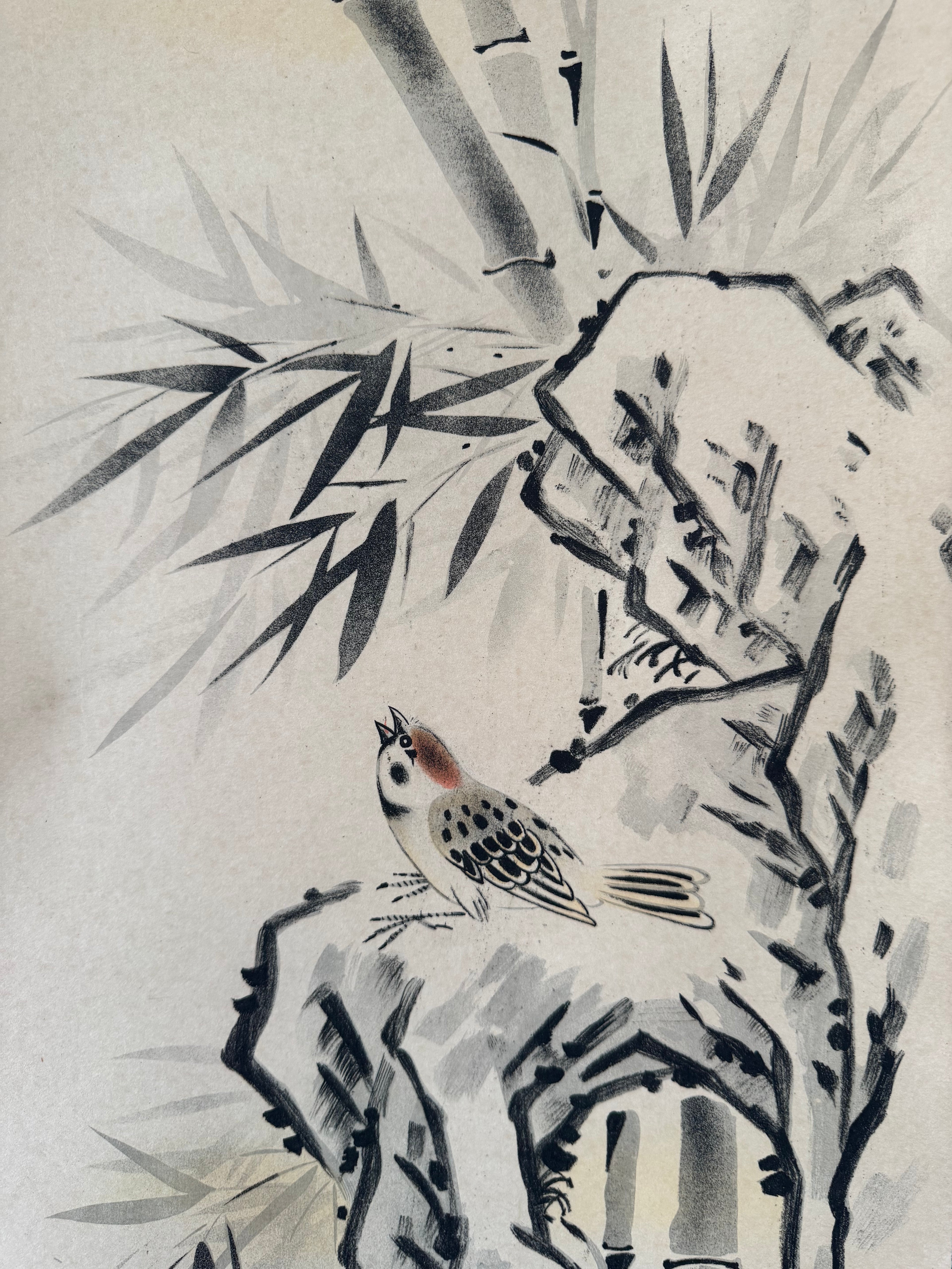 Japanese Bamboo Bird Hanging Scroll – Vintage Printed Kacho-ga Kakemono
