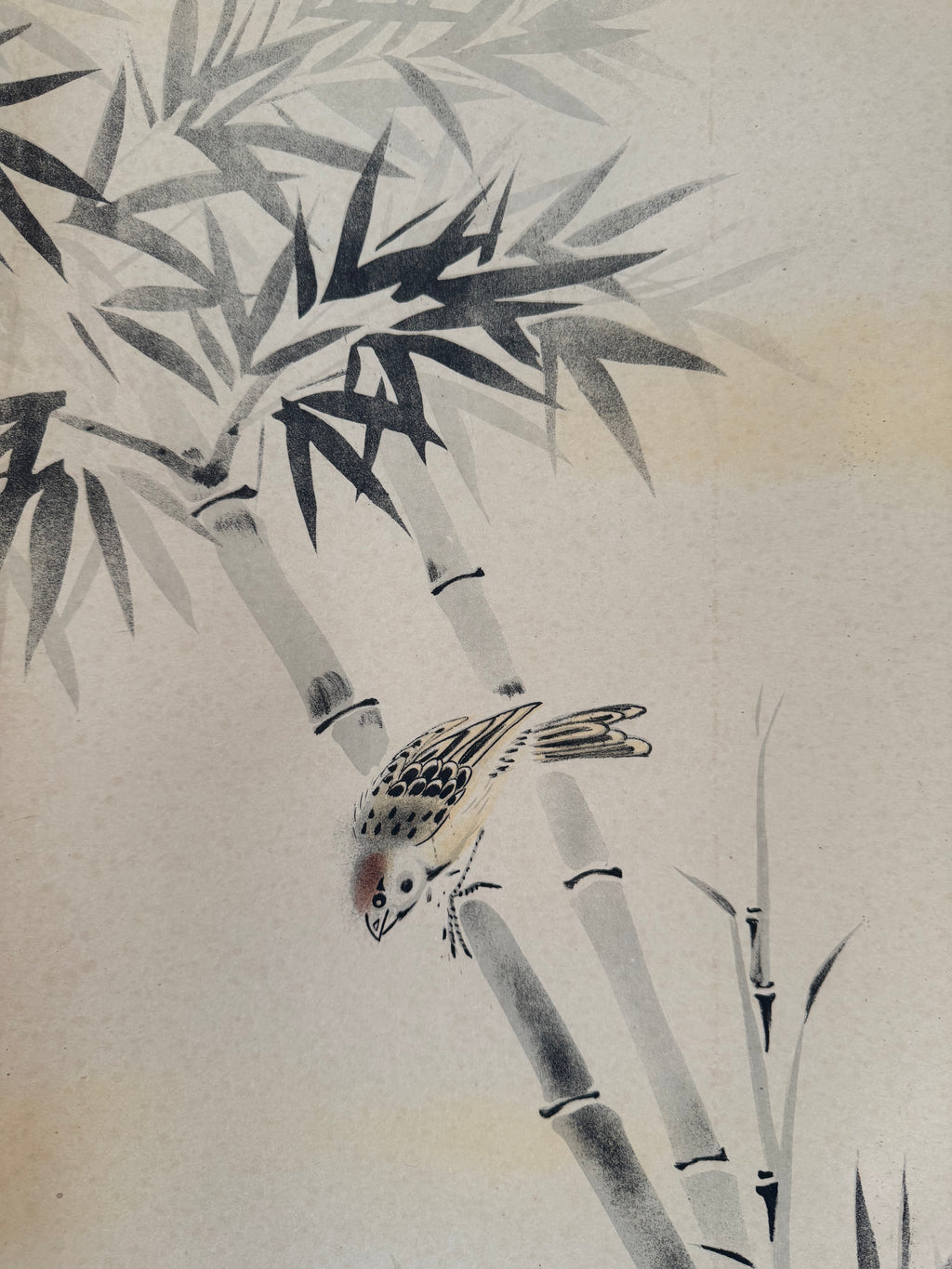 Japanese Bamboo Bird Hanging Scroll – Vintage Printed Kacho-ga Kakemono