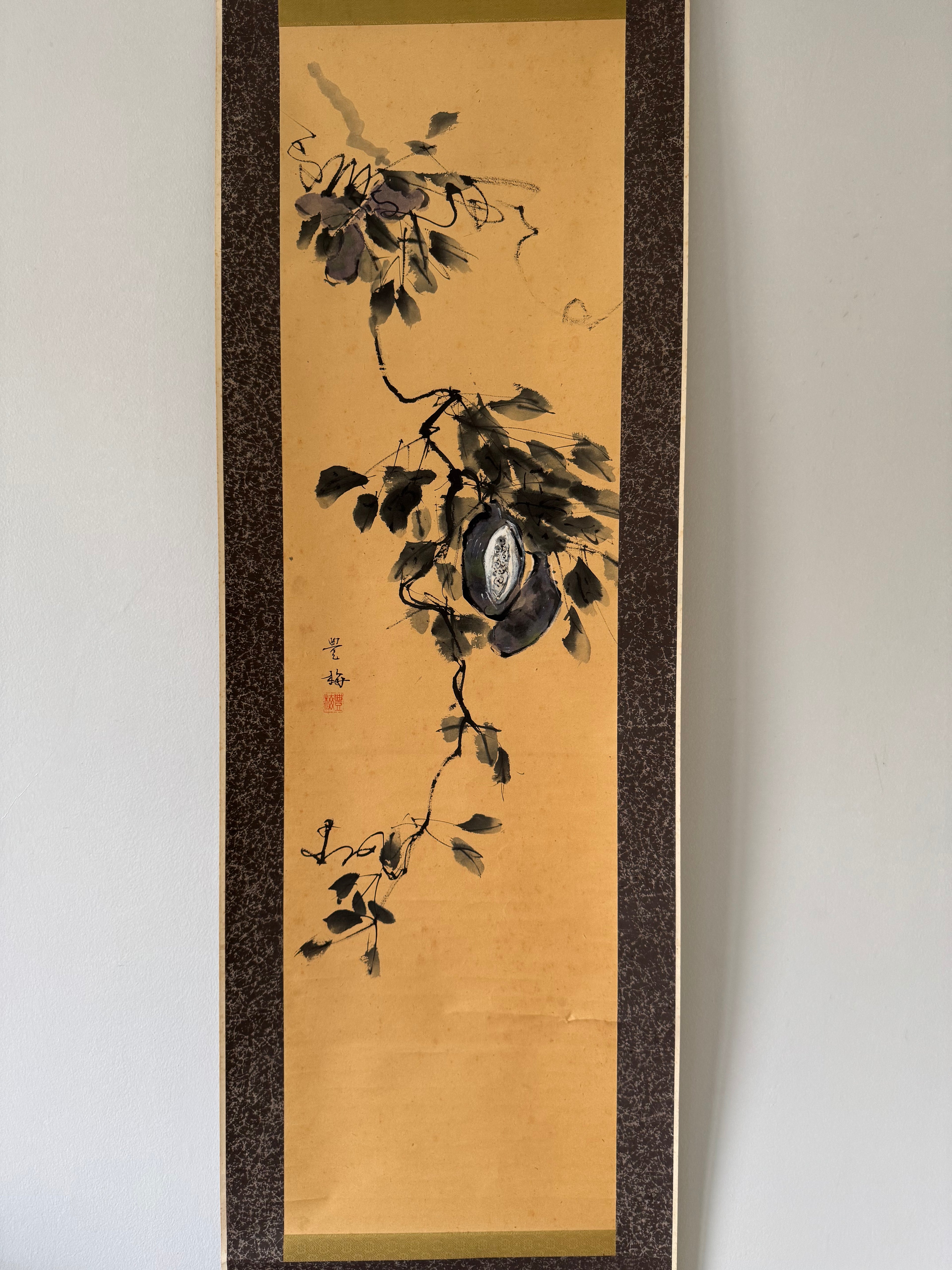Vintage Japanese Akebi Fruit Hanging Scroll Painting – Sumi & Watercolor Kakemono